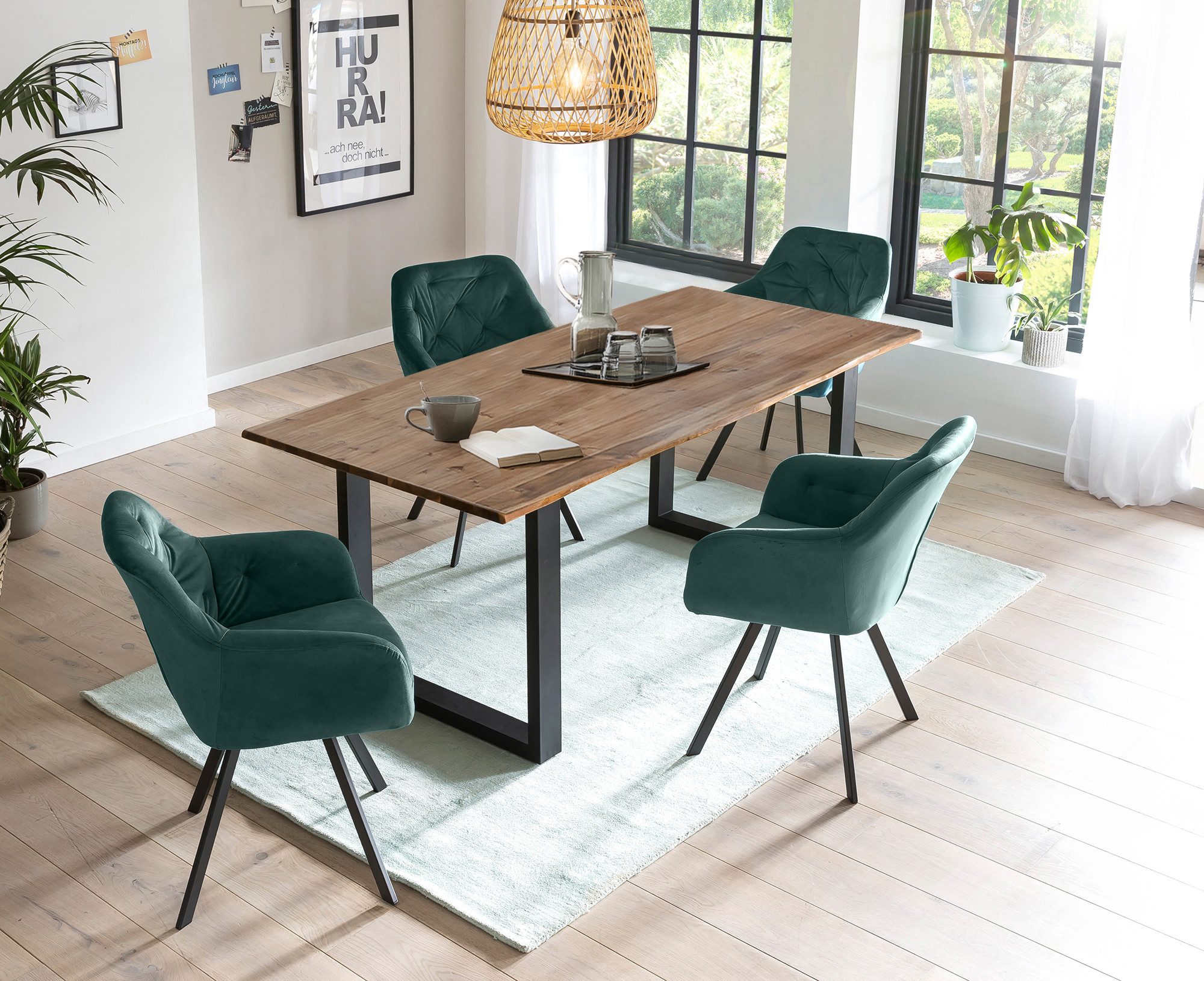 SalesFever Eethoek Stoelen met 360° draaiplateau onder de zitting, met echte boomrand (set, 5-delig) eethoeken groen