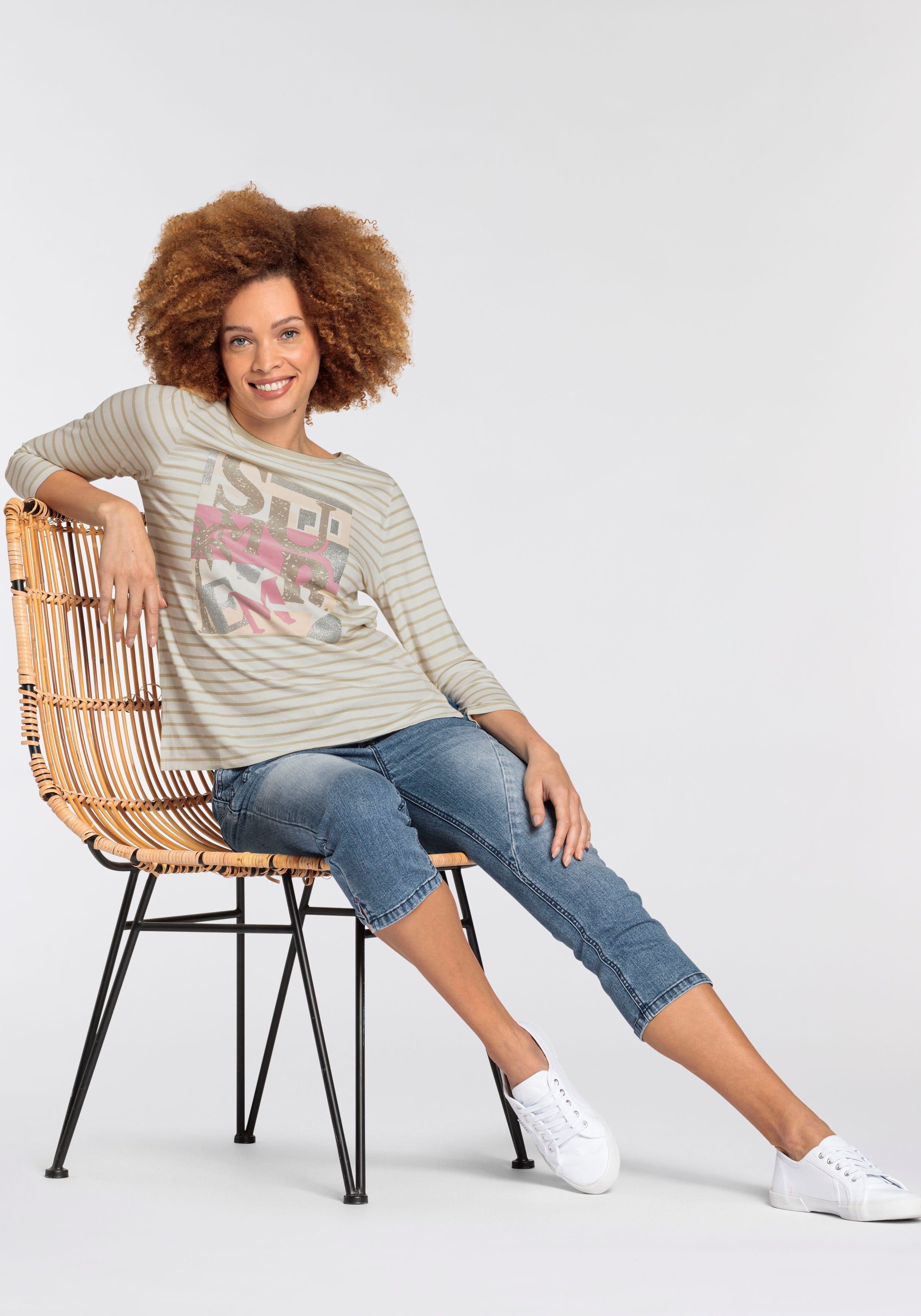 Boysen's Shirt met 3 4 mouwen met streepjes en glinsterende voorkant-print