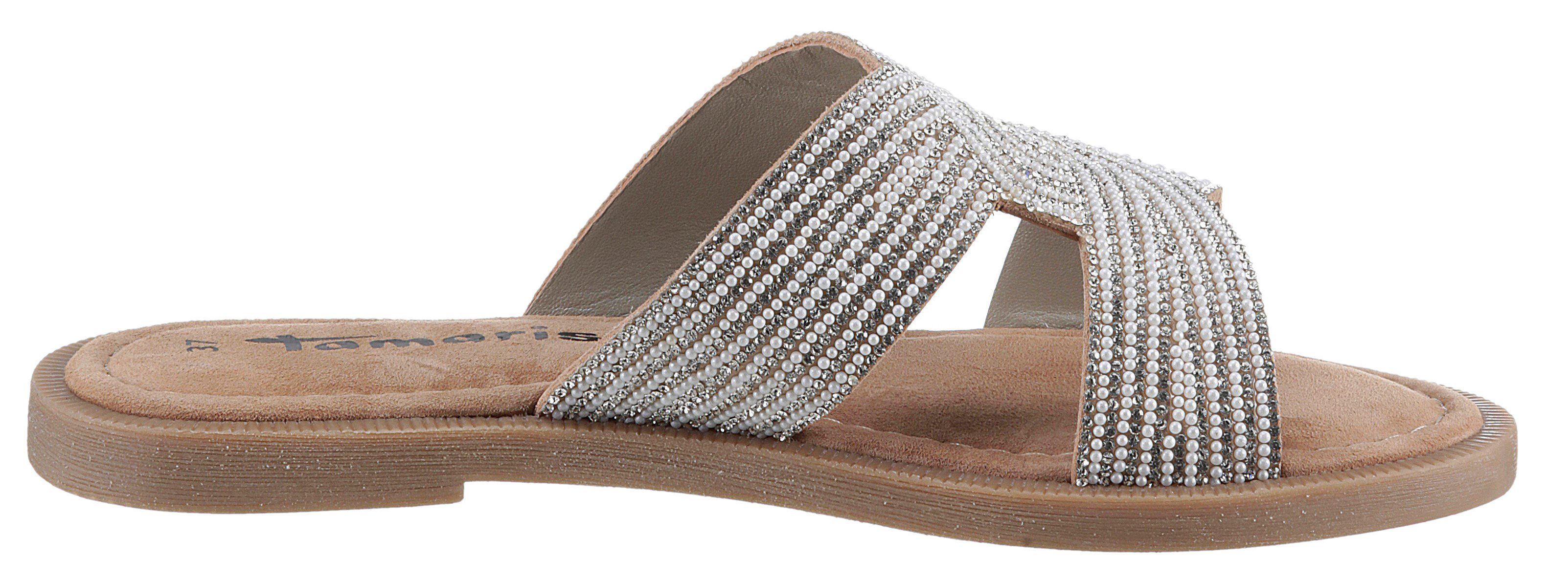Tamaris Slippers , blokhak, feestmode, zomerschoen met fonkelende bandage