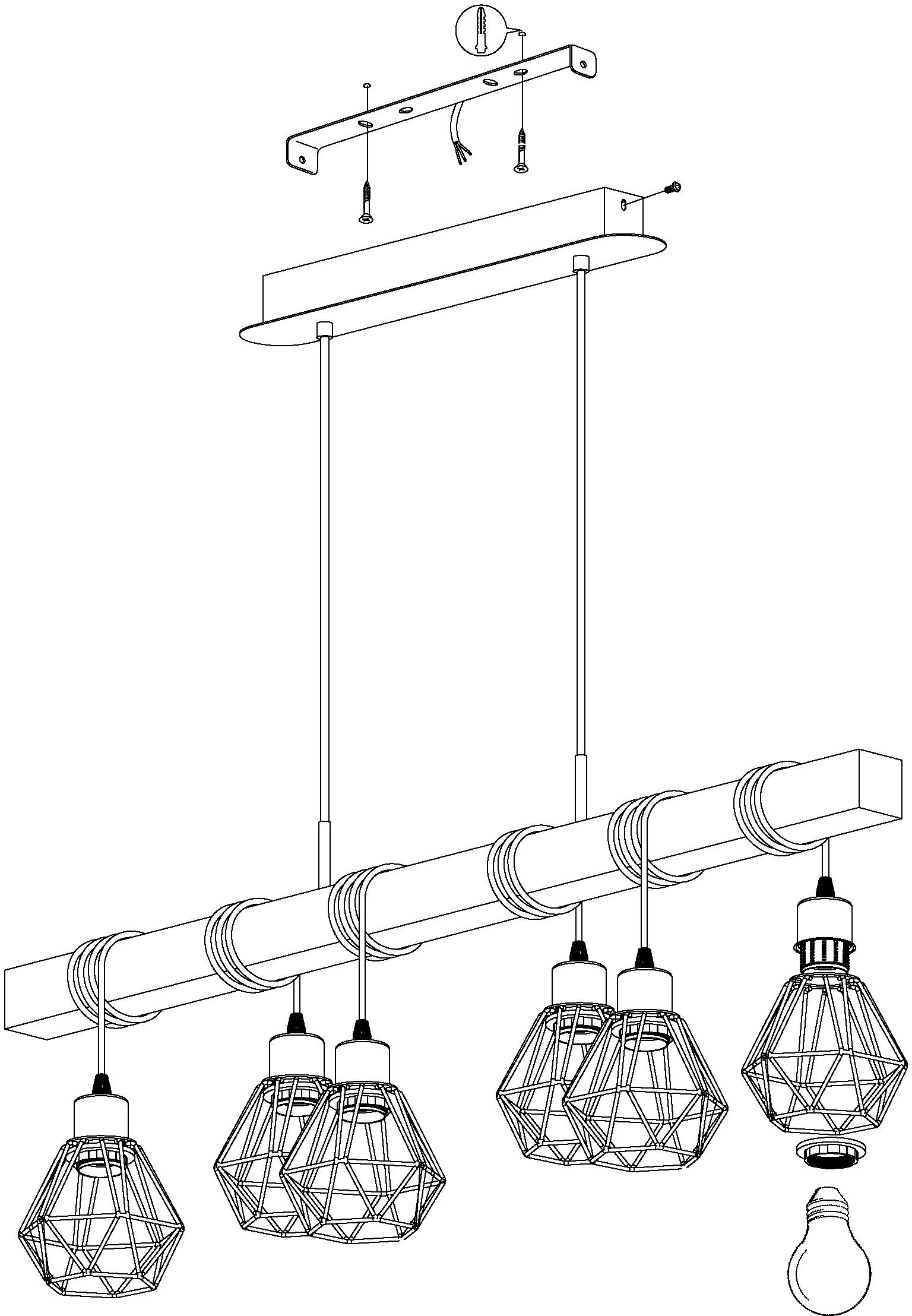 EGLO Hanglamp TOWNSHEND 5 Vintage hanglamp, Industrial, retro lamp van staal en hout, E27