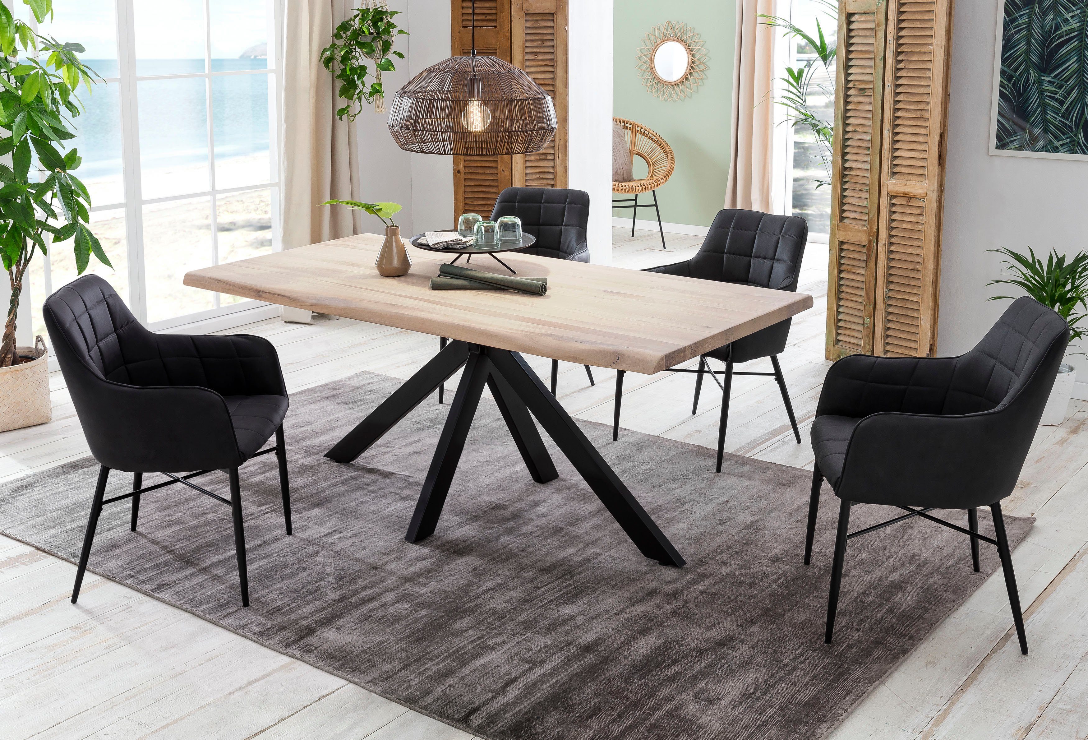 Home affaire Eettafel TRISTAN Massief wild eiken met echte boomrand eettafels maat 220 cm x 77 cm x 100 cm wit