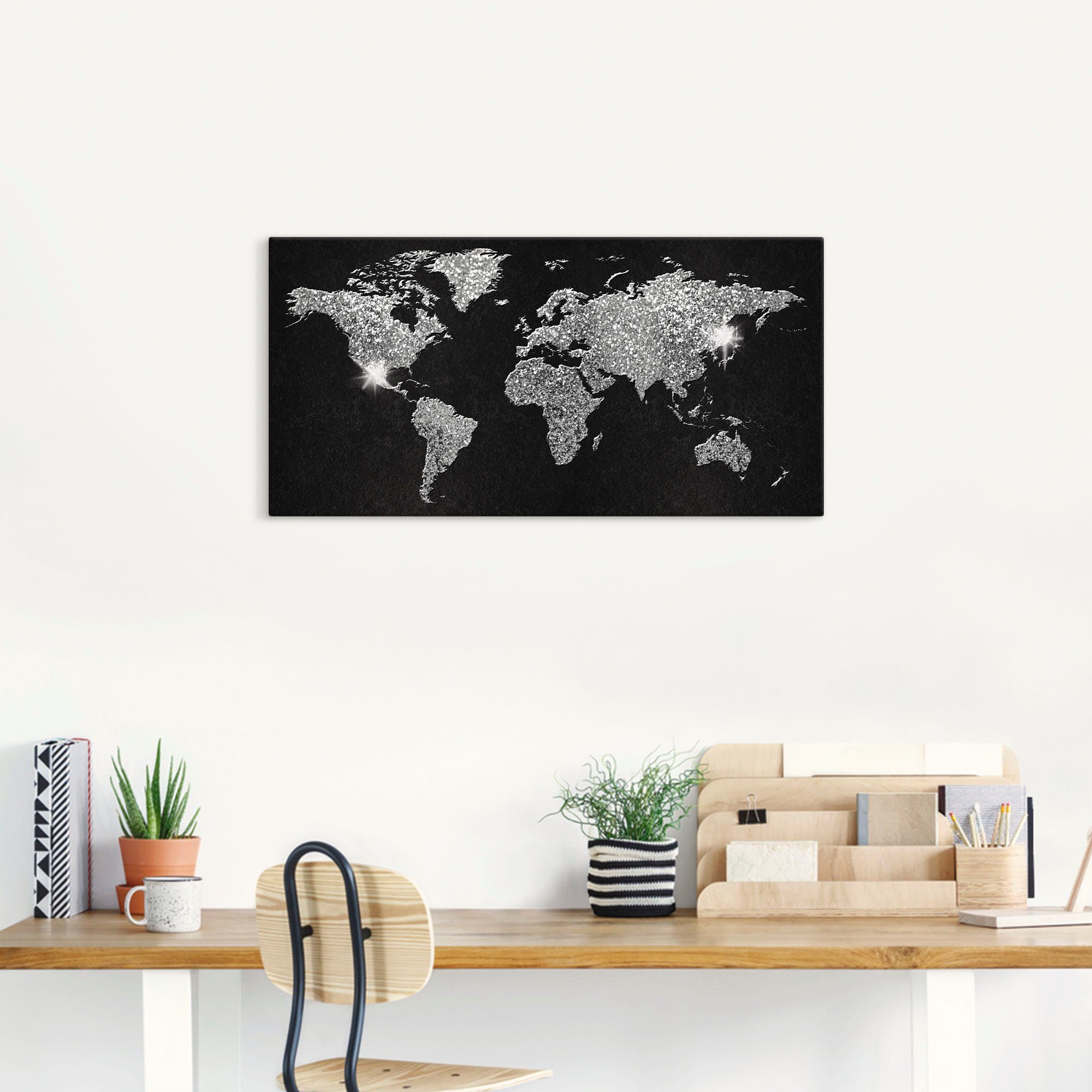 Artland Artprint Wereldkaart glitter als artprint van aluminium, artprint voor buiten, artprint op linnen, poster, muursticker