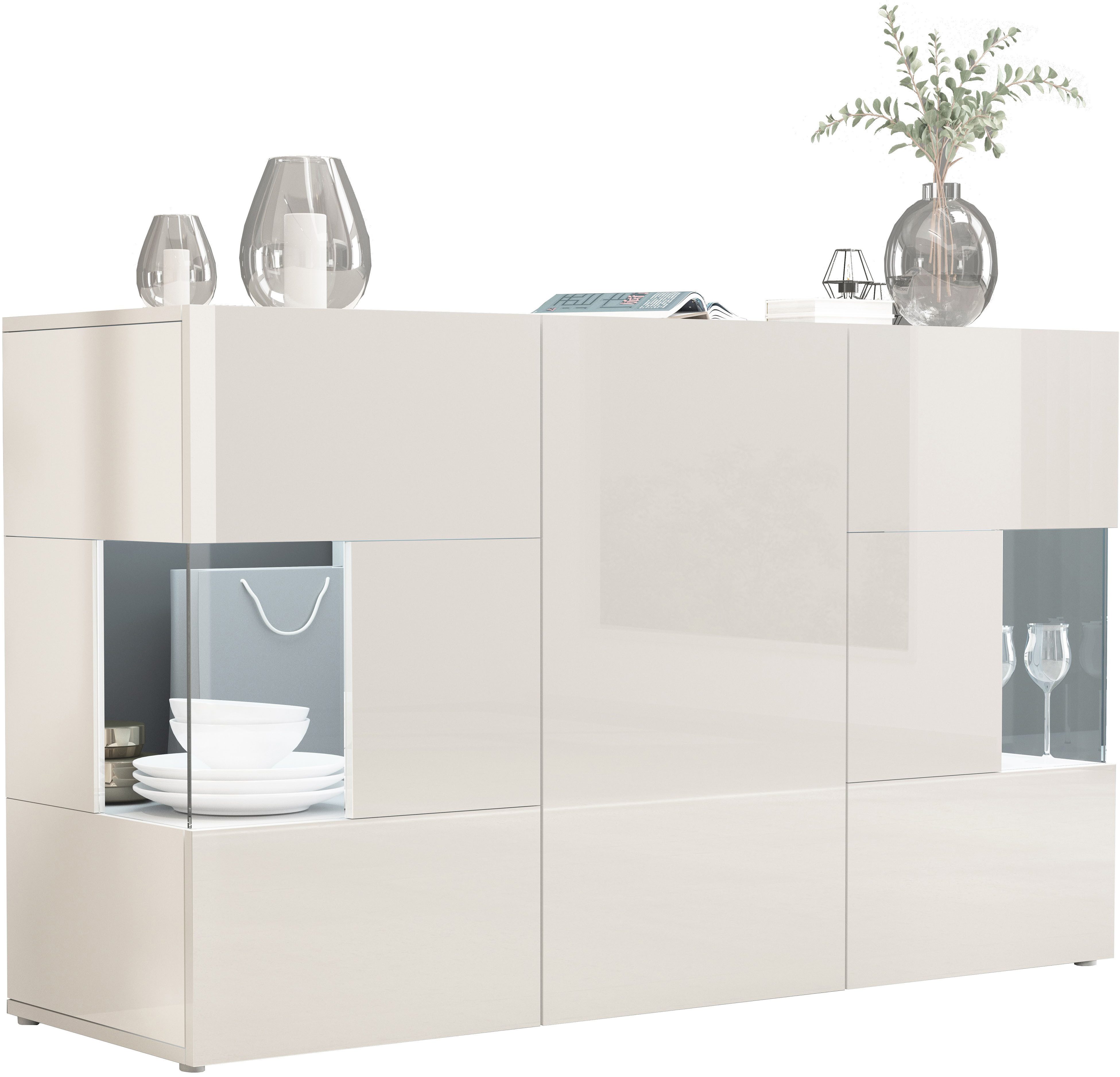 INOSIGN Dressoir Egypte, Ladekast, Kast, Buffet, Vitrine greeploos 3 deuren waarvan 2 met glaselement, volledig hoogglans gelakt breedte 135