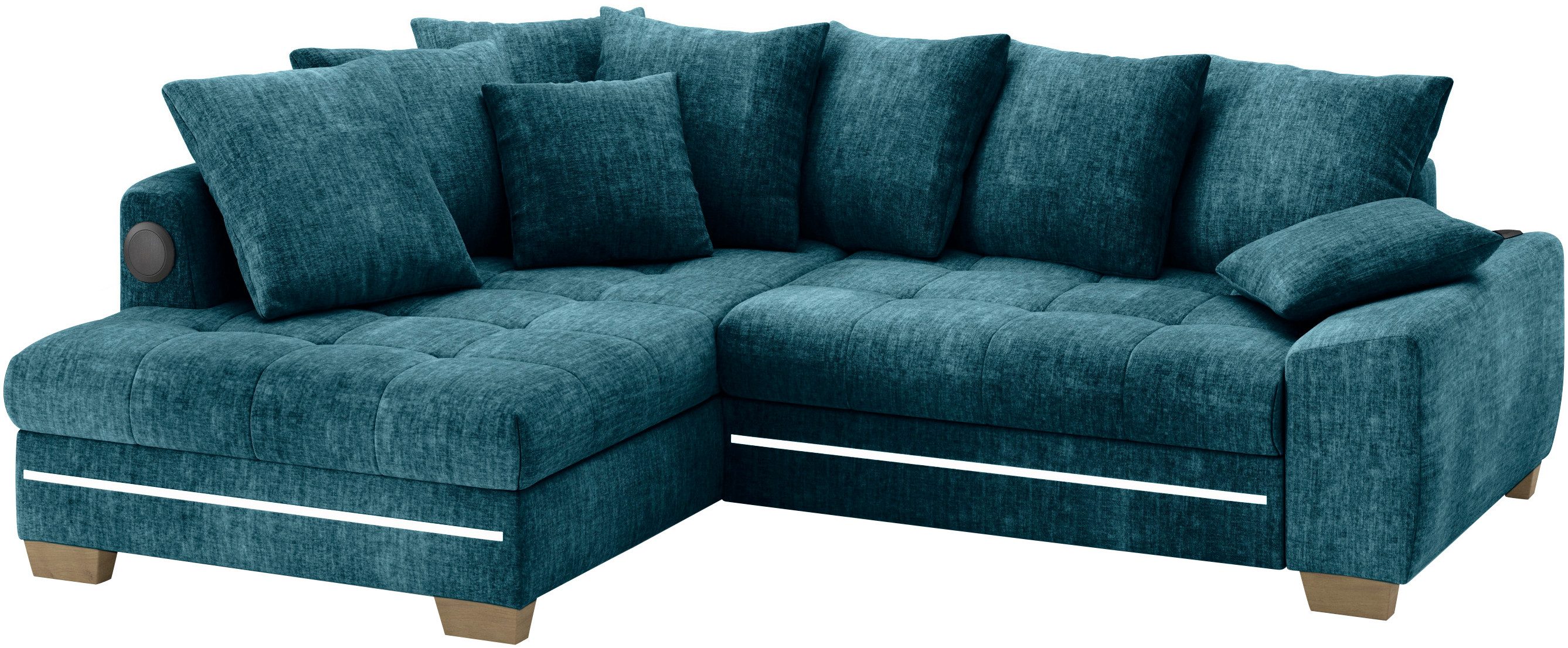 Mr. Couch Hoekbank Nikita II, L-vorm RGB-LED, Bluetooth-geluidssysteem, optioneel met bed, bedlade blauw, hoekbanken, 243 cm