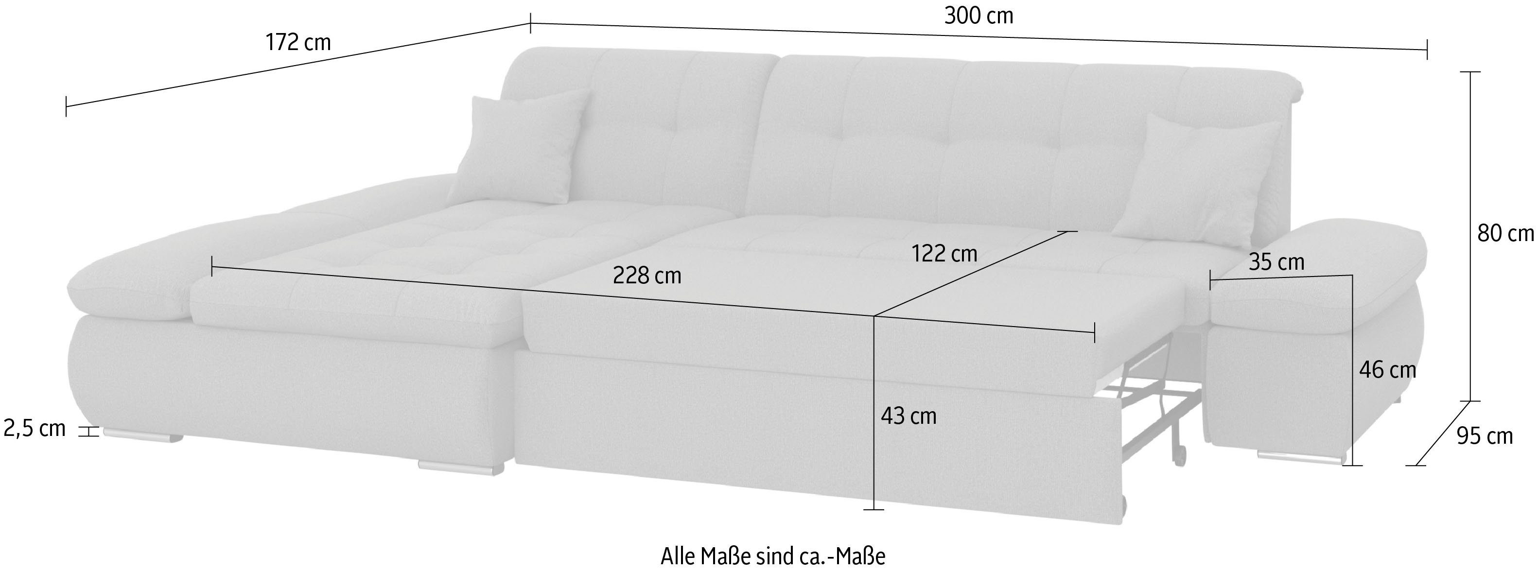 DOMO collection Hoekbank Moric bxdxh 300x172x80 cm, ook in cord, L-model XXL-formaat, optioneel ook met slaapbank functie en verstelling armleuning,