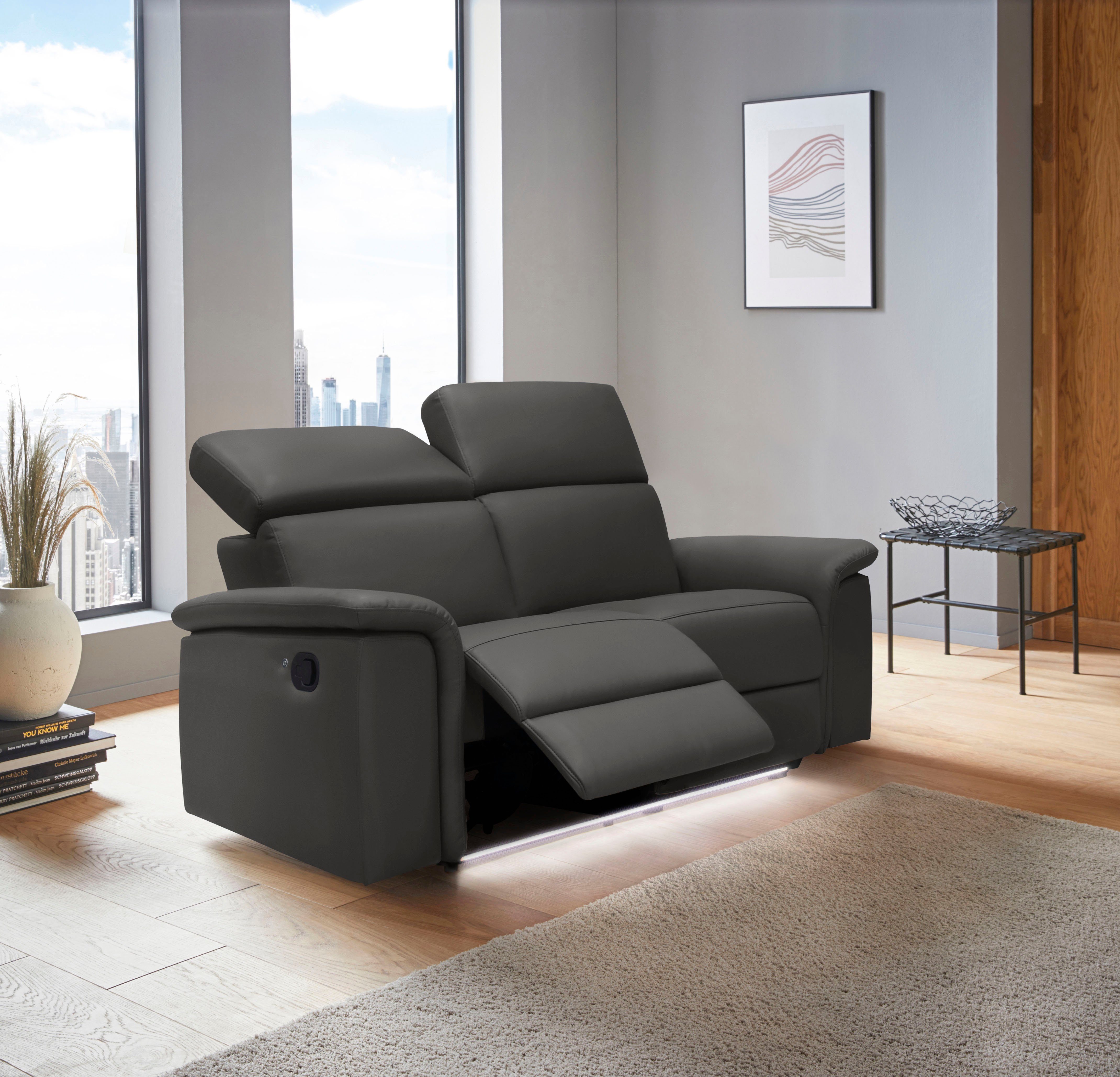 Places of Style 2-zitsbank Pareli 172 cm, handmatige en elektrische relaxfunctie USB, hoofdsteunverstelling, LED, in echt leer, kunstleer, web