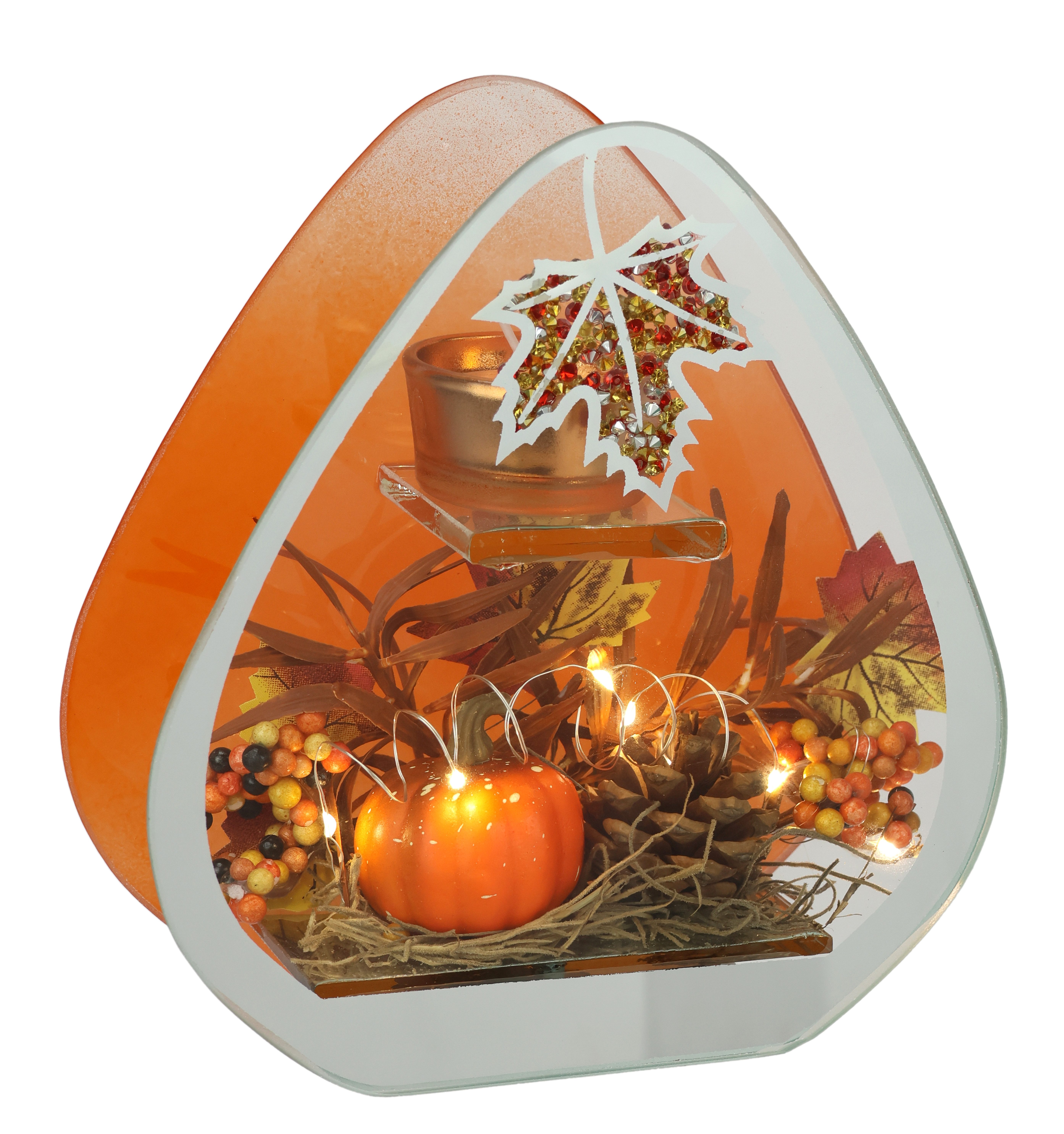I.GE.A. Waxinelichthouder Theelichthouder van glas met theelichtkaars Herfstachtig versierd met herfstbladeren, bessen, pompoen, kegels, kaars, windlicht (1 stuk)