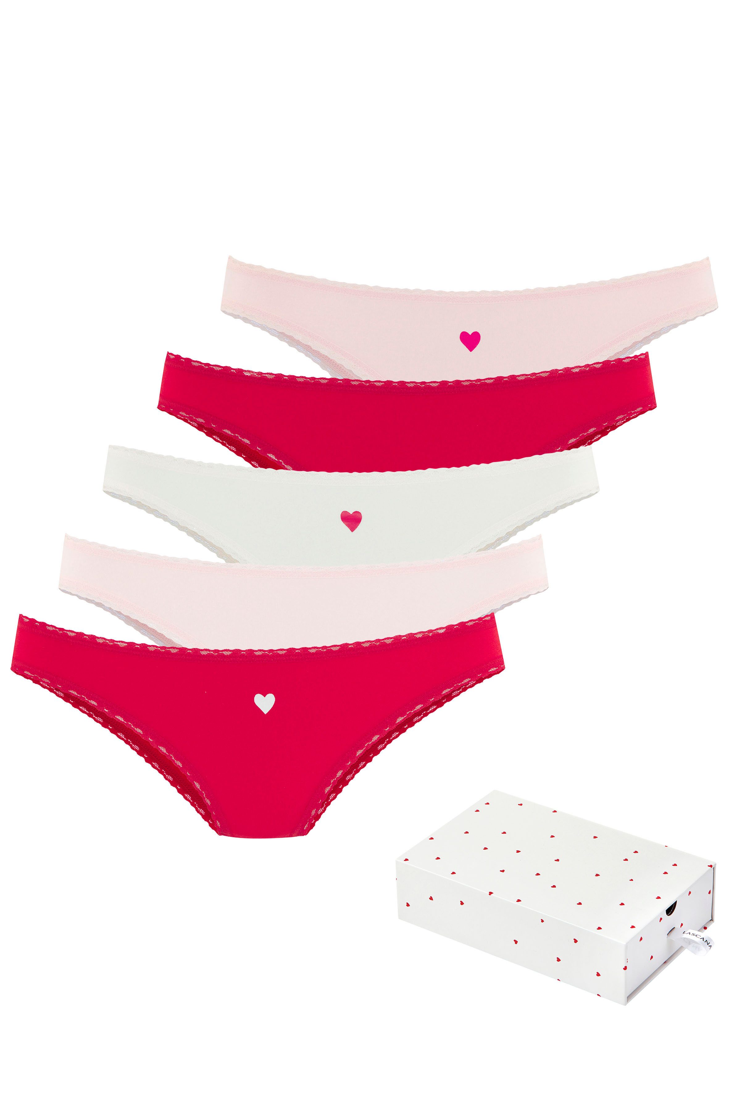 Lascana Brazilian slip met schattige hartjesprints en van elastische katoenkwaliteit (Set van 5) dames slips maat 44/46 rood