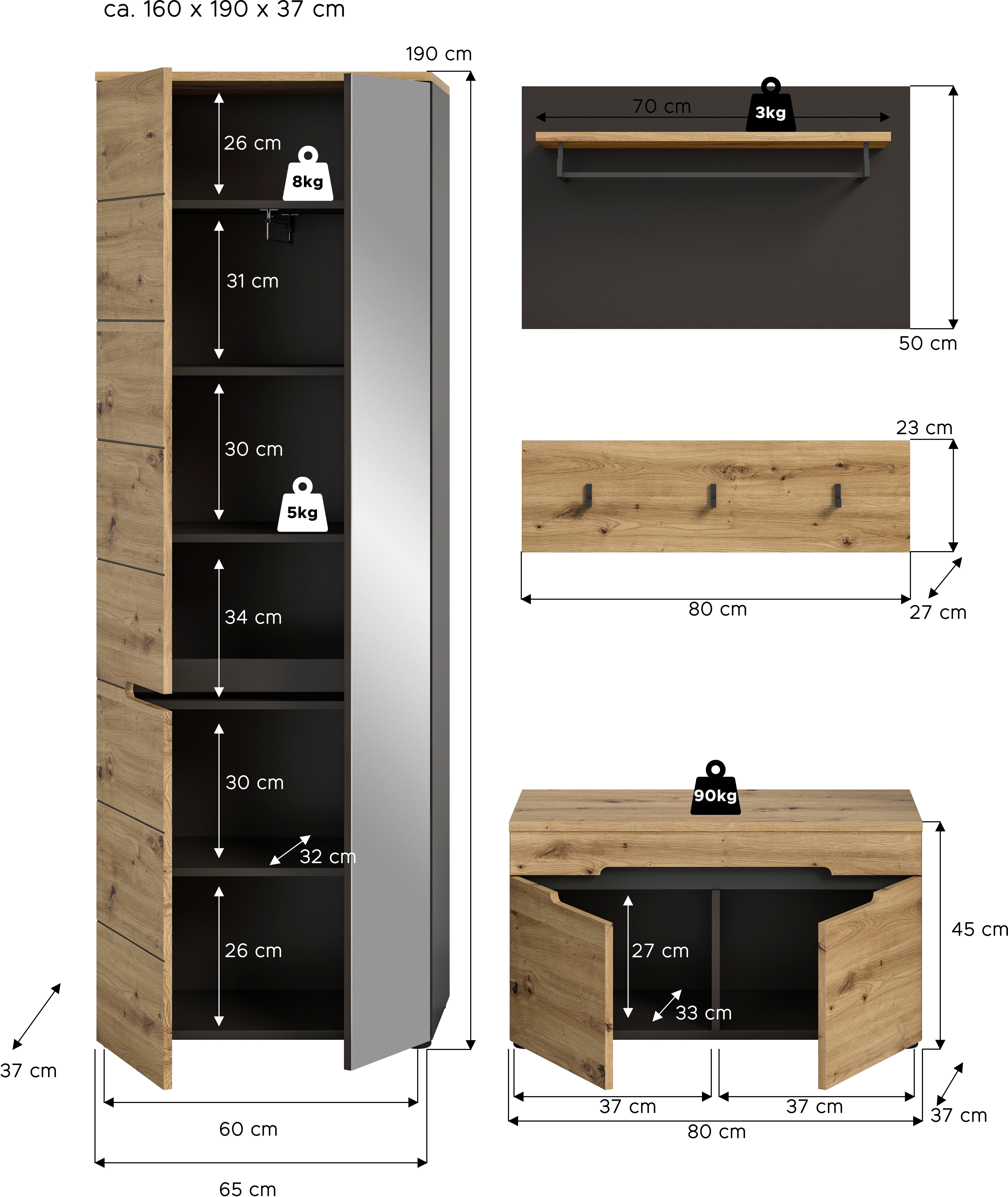 INOSIGN Halmeubelset Garderobekombinatie Rehat, Breedte 160cm, in Basaltgrijs/Artisan Eik Halmeubelen, gangmeubelen, combinatie, hal, garderobe, garderobemeubelen (3 stuks)