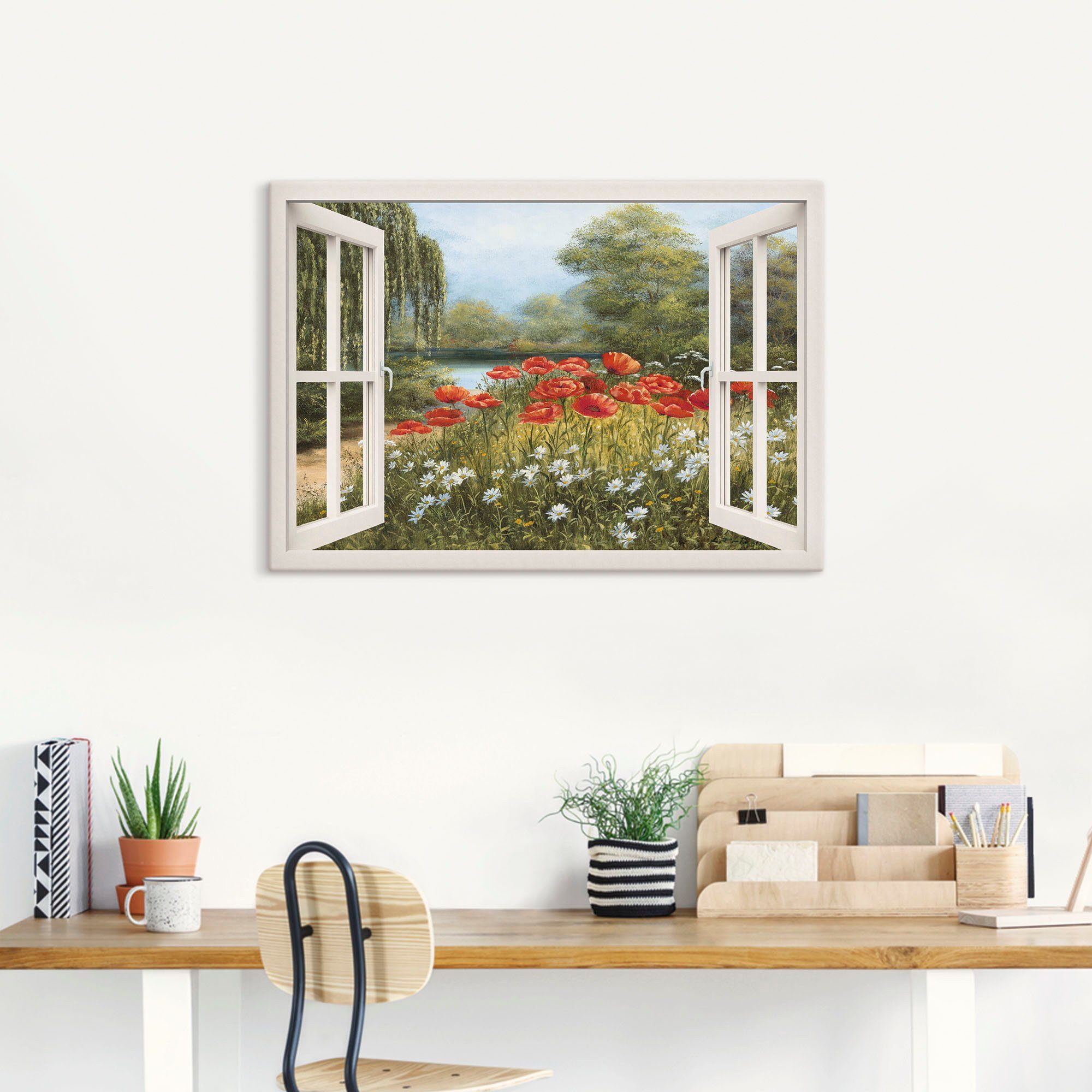 Artland Artprint Blik uit het venster klaproosweide als artprint op linnen, poster in verschillende formaten maten