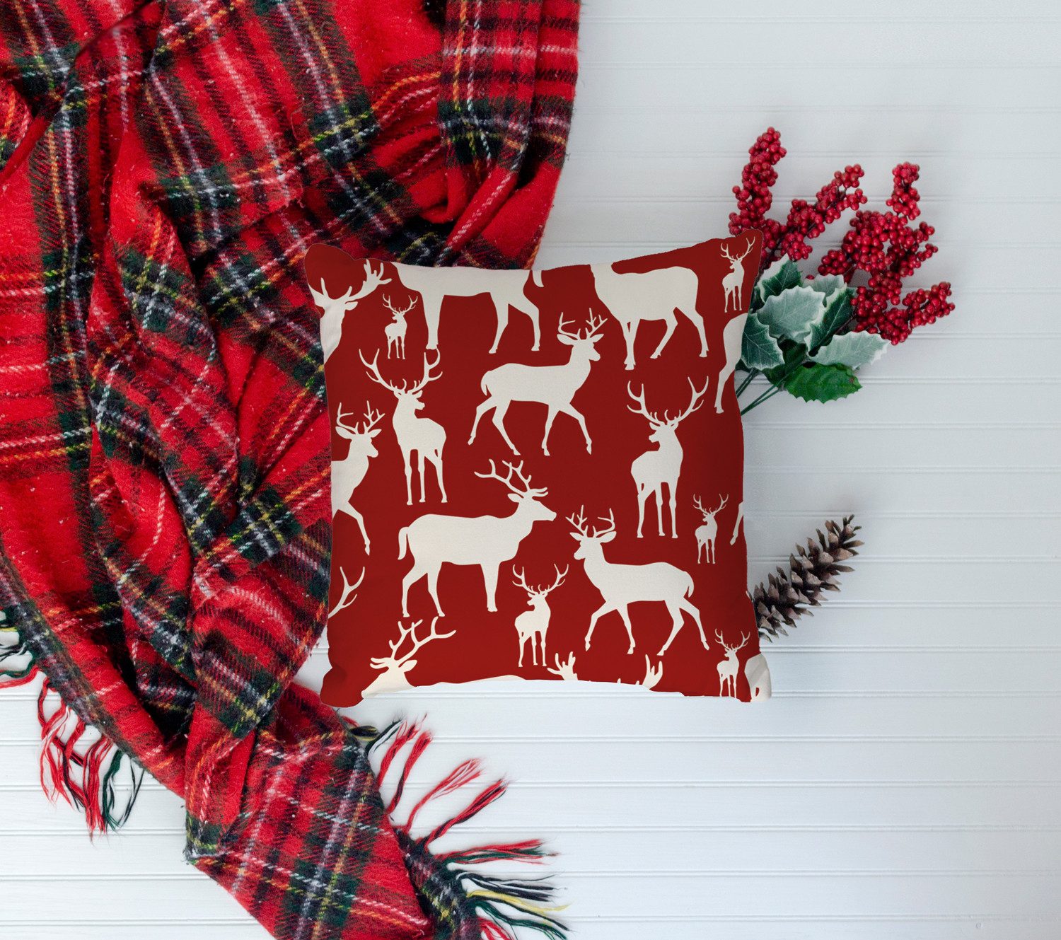 queence Sierkussen Anthony Kussenhoes, herten, elanden, rood, kerst, winterachtig, kerstmotief (1 stuk)