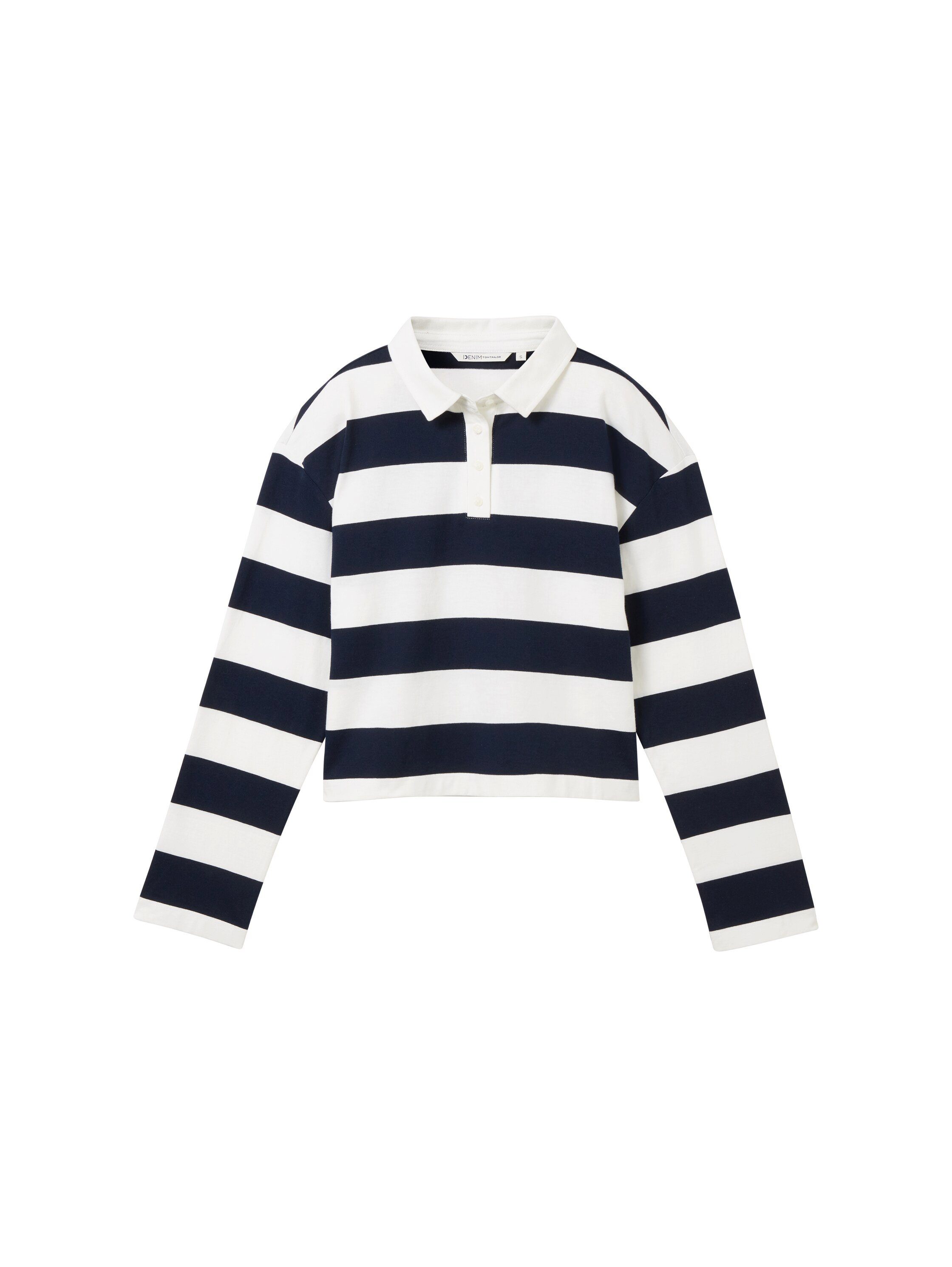 Tom Tailor Denim Poloshirt met lange mouwen met strepen en polokraag, extra kort