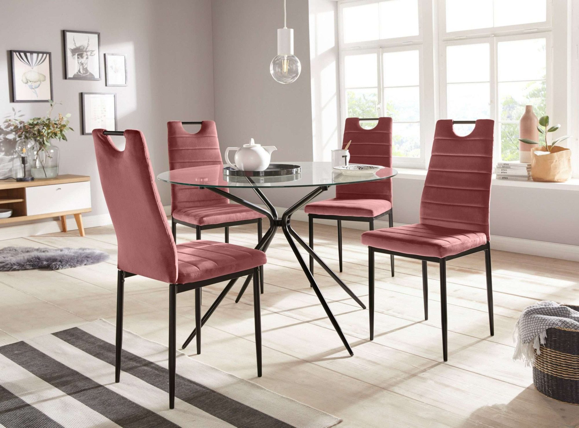 INOSIGN Eethoek Silvi-Mandy Glazen tafel 110x110 cm met 4 stoelen (velours stof), frame van metaal (set, 5-delig) eethoeken rood