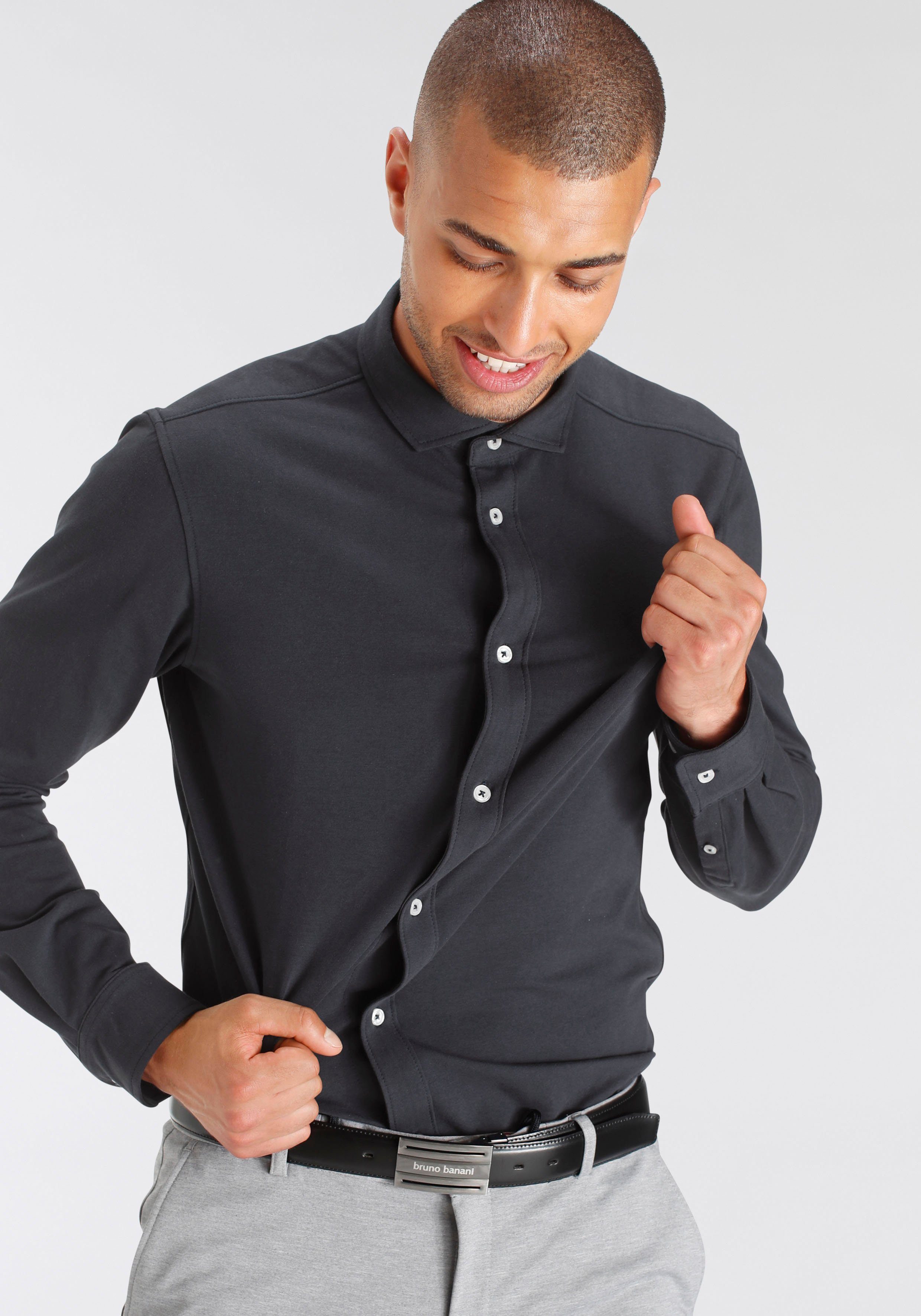 Bruno Banani Overhemd met lange mouwen Jersey shirt comfortabel als een T-shirt heren overhemden maat 37/38 blauw