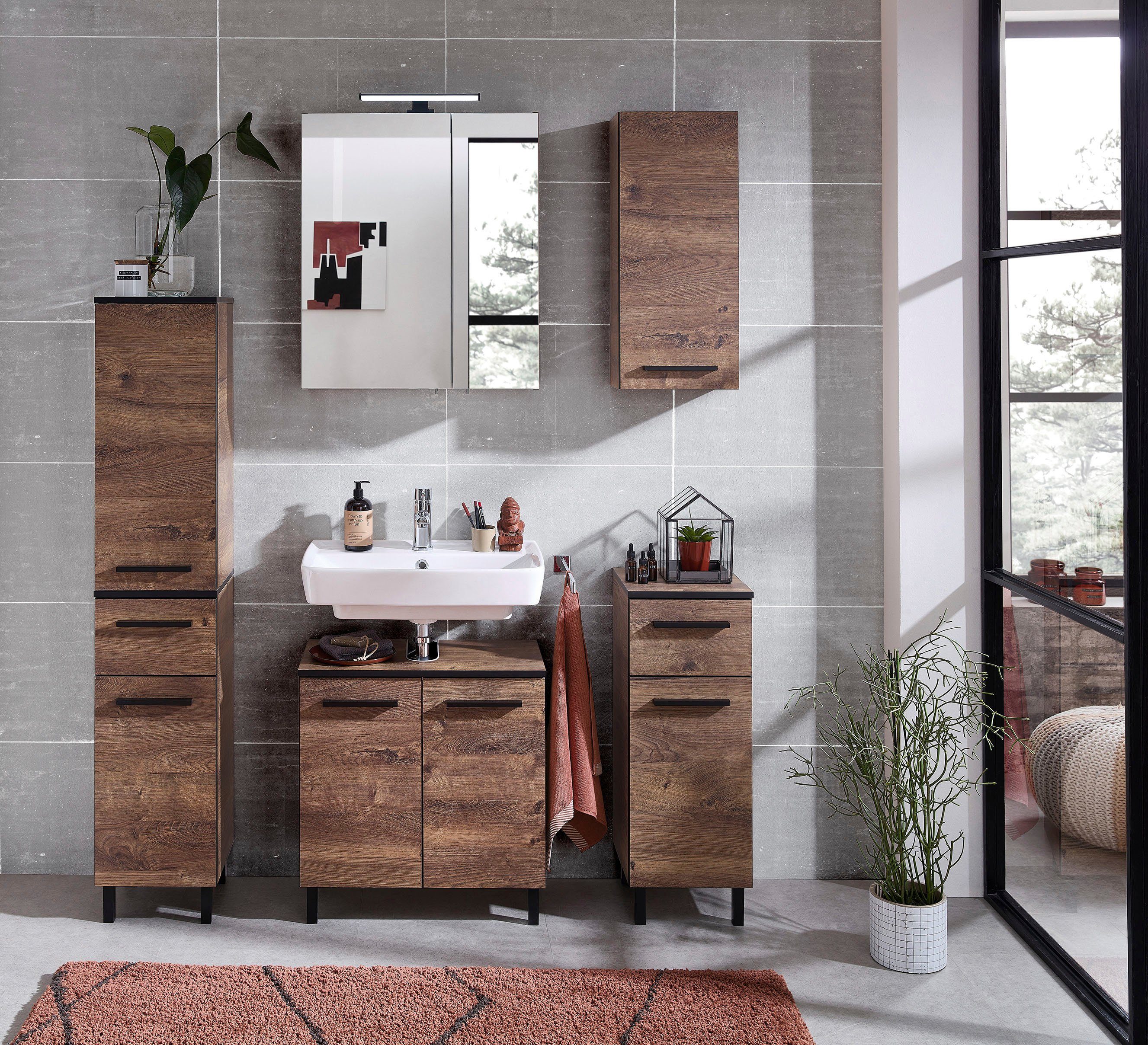 Saphir Badkamerserie Quickset 374 5-delig, wastafelonderkast met LED-spiegelkast Halfhoge kast, onderkast, hangkast, incl. deurdemper, 7 deuren (7-delig)