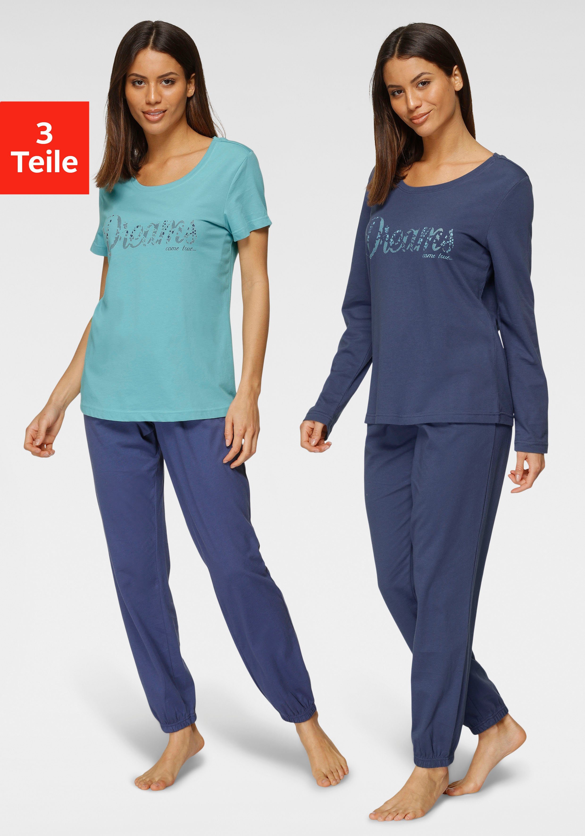 Vivance Dreams Pyjama met front-opschrift (set, 3-delig) dames pyjama's maat 48/50 blauw