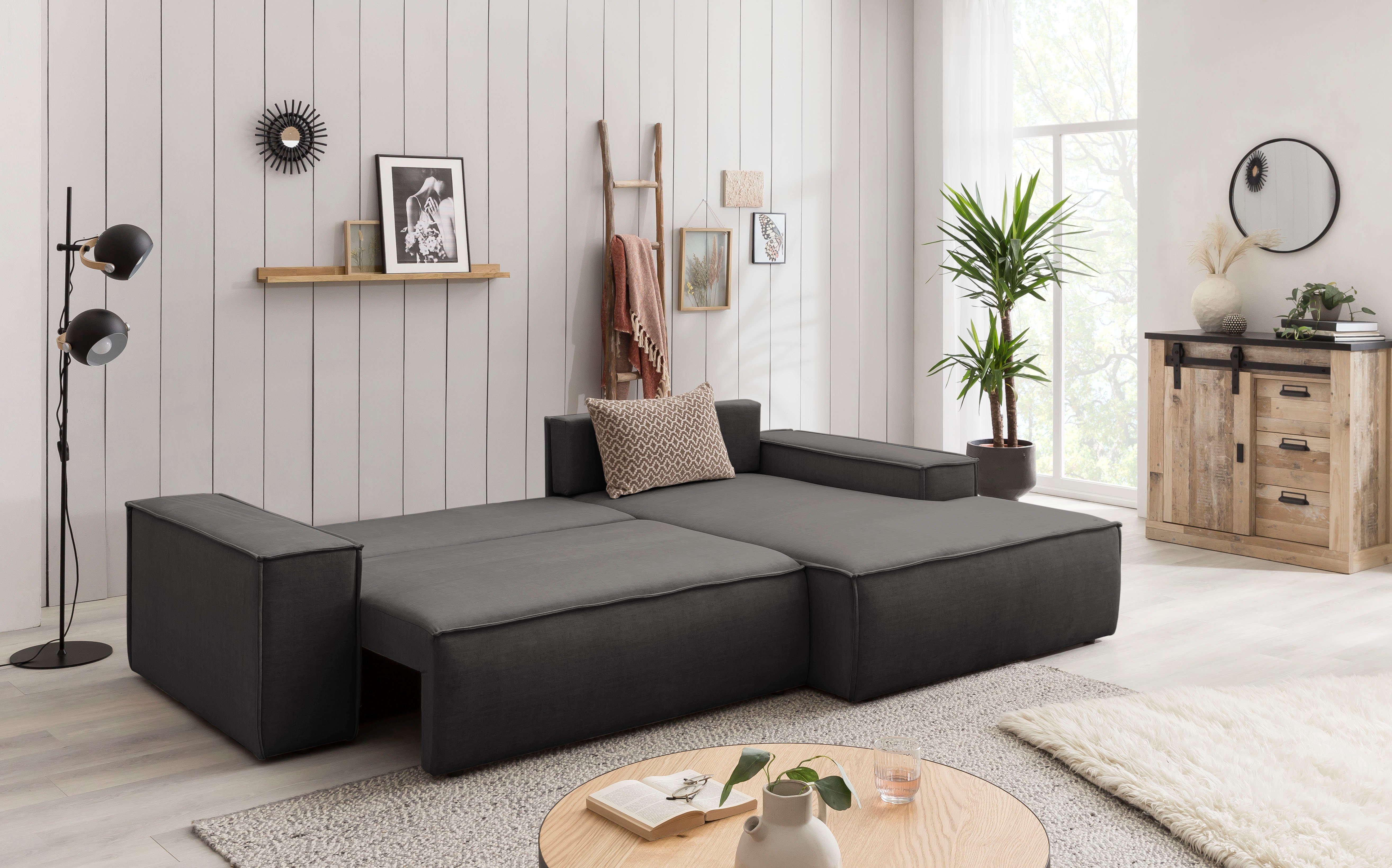 Home affaire Hoekbank SHERWOOD bedbank 267 cm, L-model, Slaapfunctie met bedlade (210x136 cm), cord, vintage, fluweel