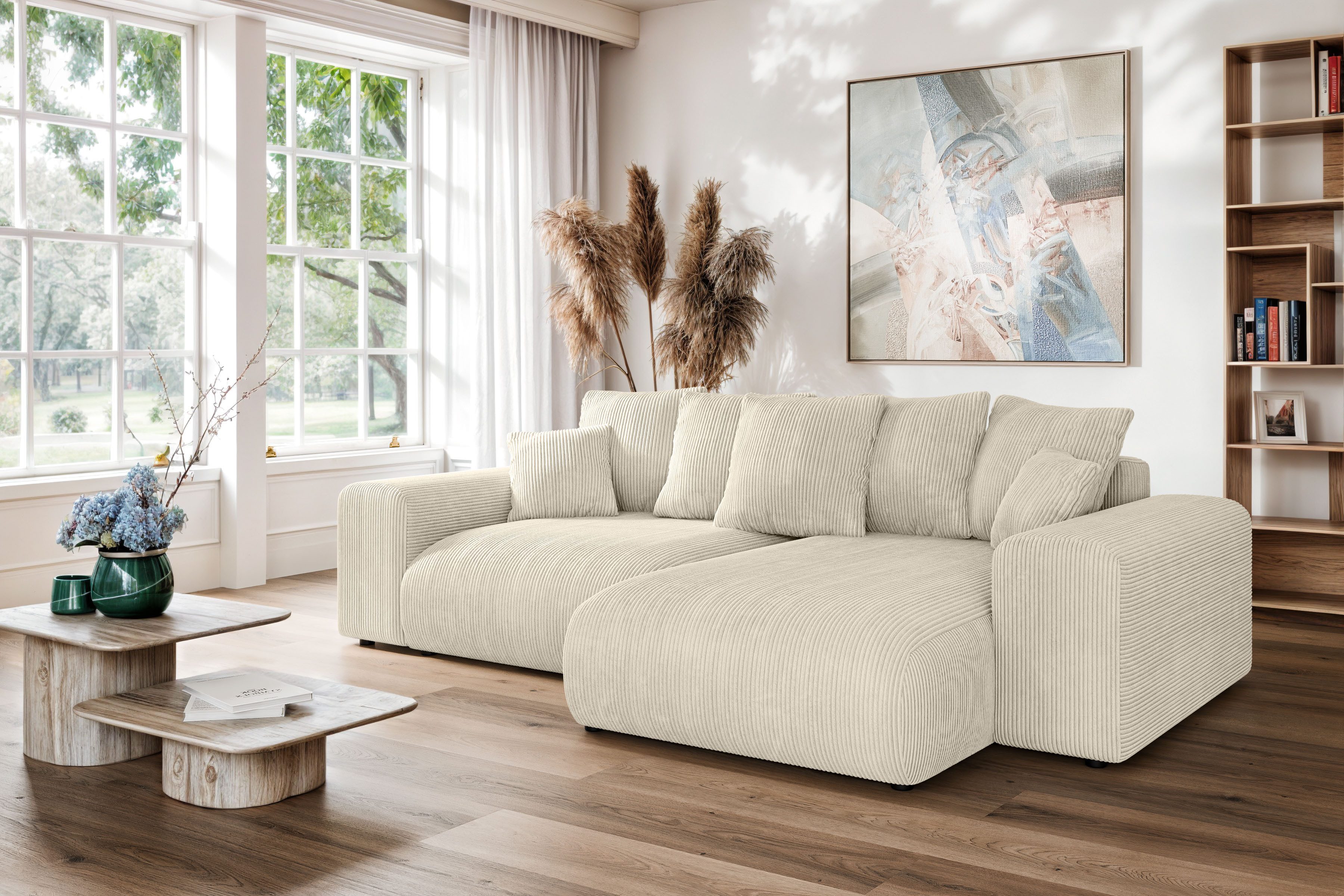 Home affaire Hoekbank LAKESIDE met bedfunctie en bedlade, B/D/H 257/166/84 cm L-vorm, recamiere aan beide zijden monteerbaar, golfondersteuning beige,