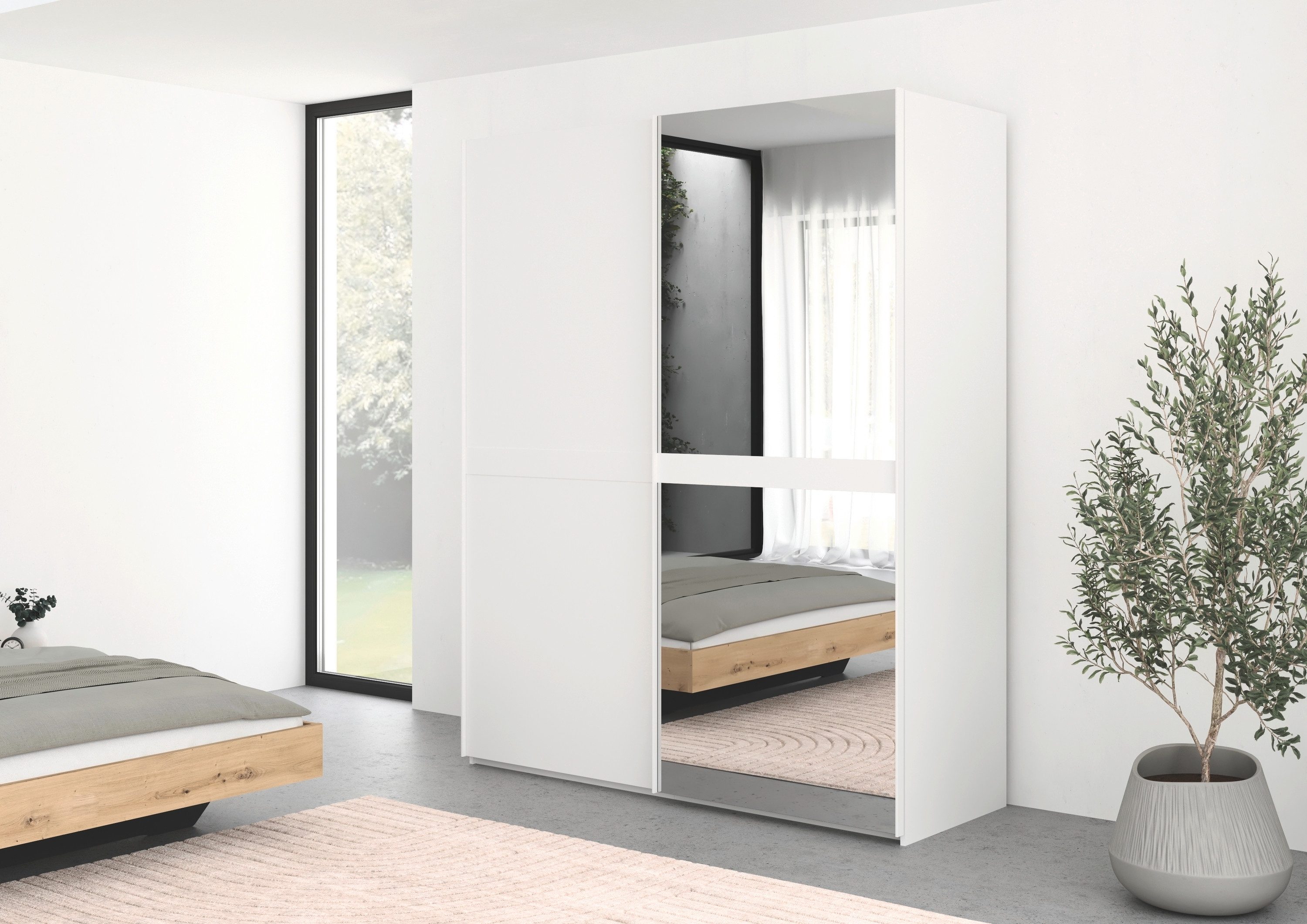 rauch Schuifdeurkast Kledingkast kast garderobe slaapkamerkast SCALE-LINE edel uiterlijk met buikband in corpuskleur met spiegel made in germany