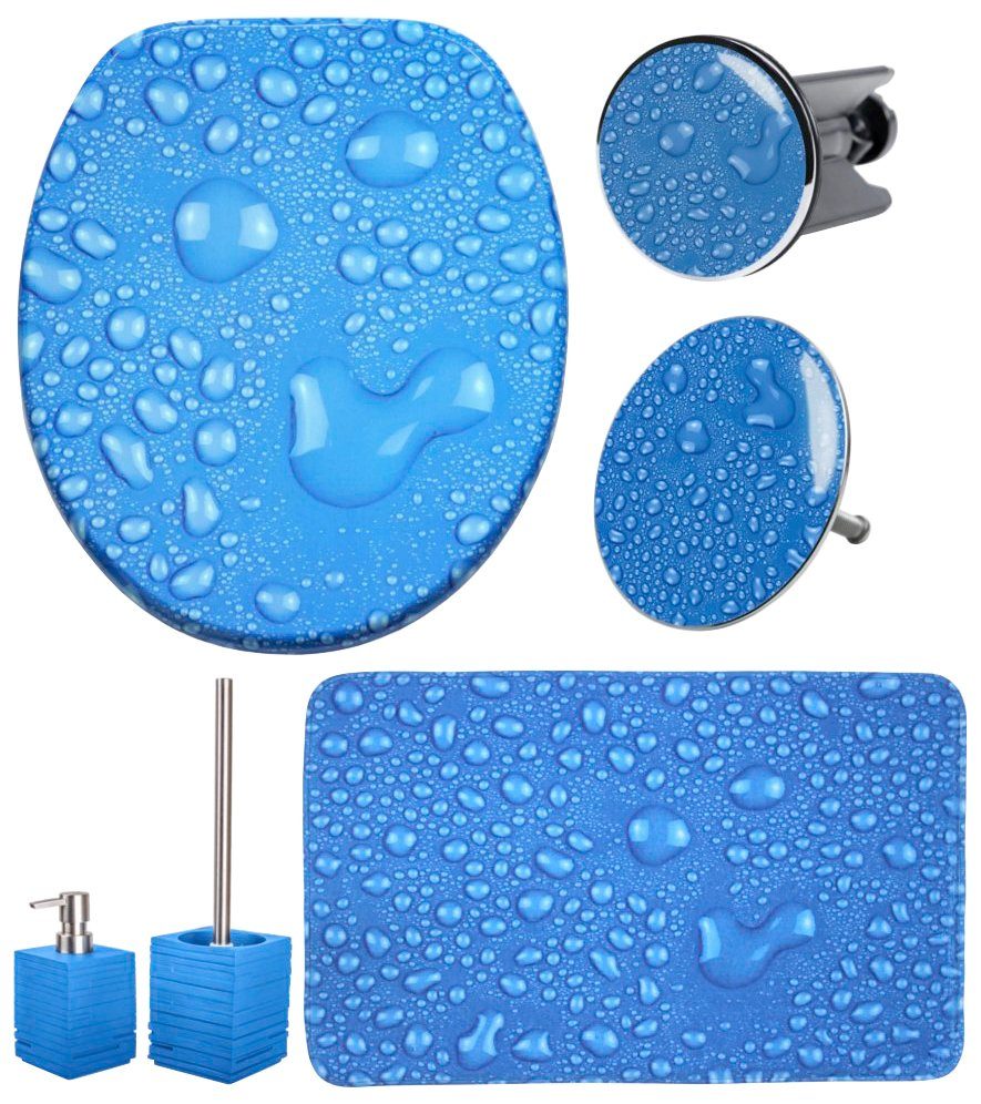 Sanilo Sets badkameraccessoires Dauwdruppel blauw bestaand uit toiletzitting, badmat, wasbak- en afvoerstop voor de badkuip, zeepdispenser en toiletborstel (complete set, 6-delig)