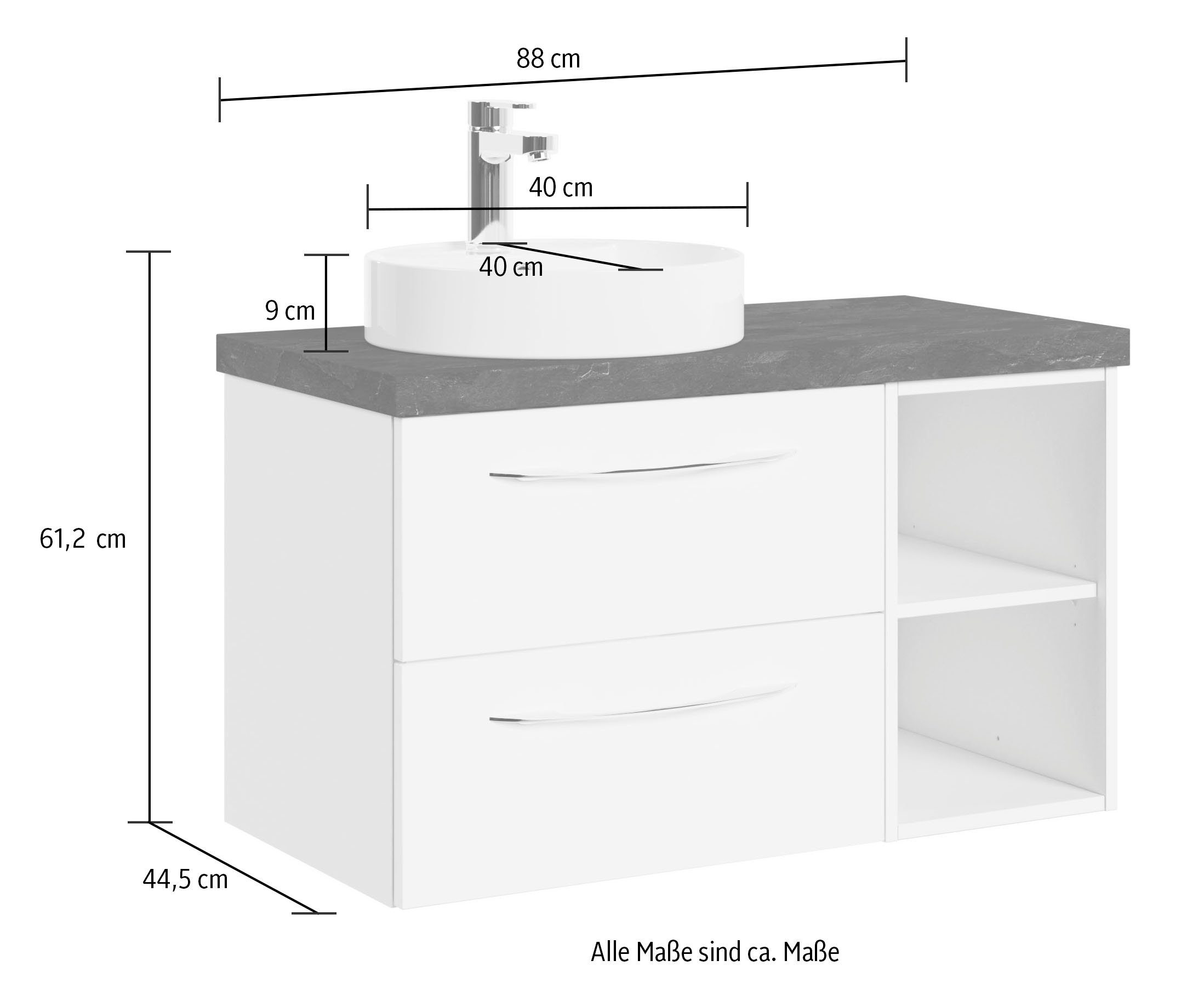 Saphir Wastafelonderkast Serie 4035 keramieken opzetwasbak met onderkast, 88 cm breed Wasplaats met 2 lades, schapvakken, handgrepen in chroom glans