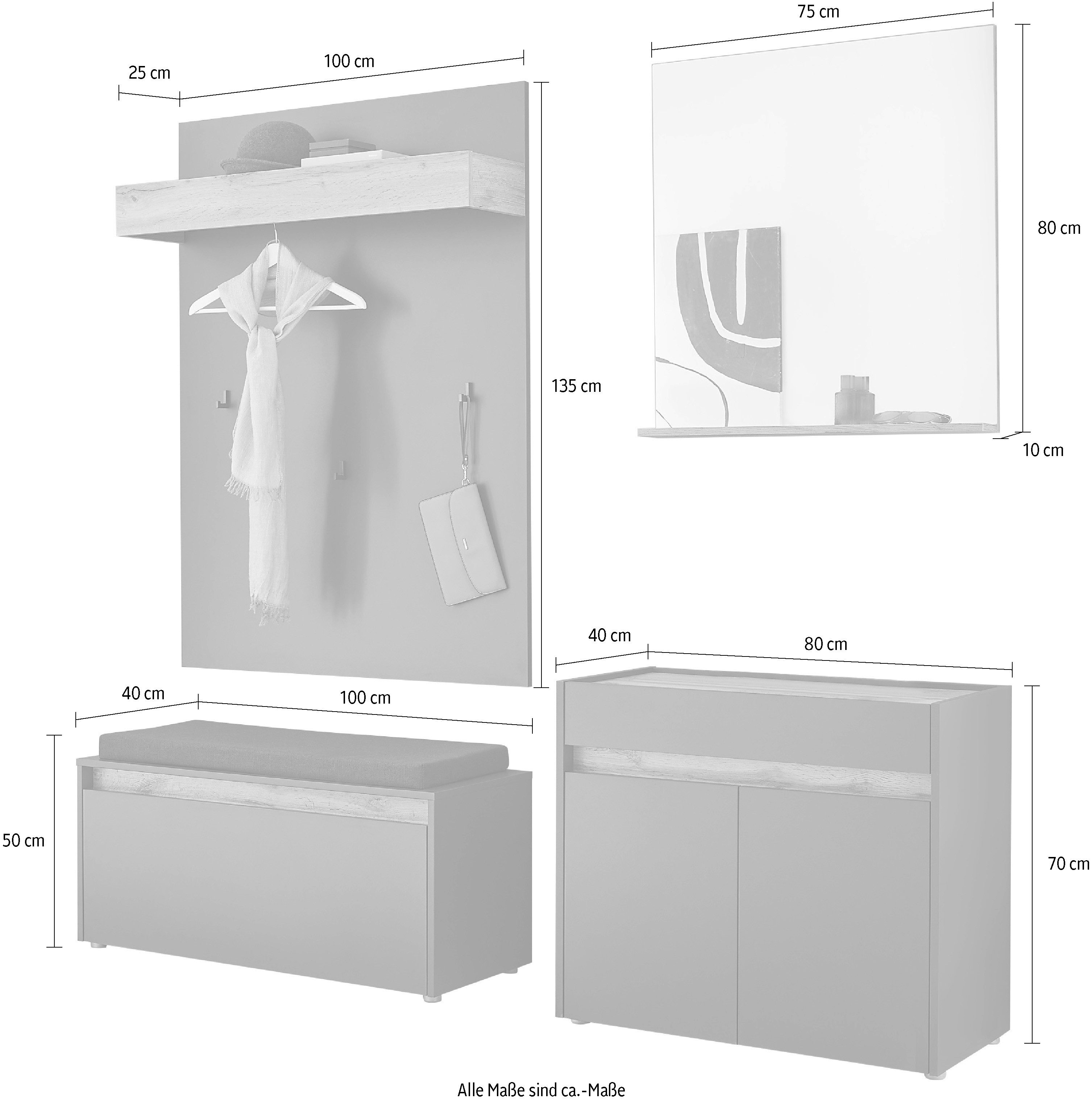 INOSIGN Halmeubelset GIRON/ CiTY, Garderobe in Wotan Eik, moderne garderobekast bevat commode, spiegel, paneel & schoenenbank + zitkussen, 190 cm breed (complete set, 4-delig)