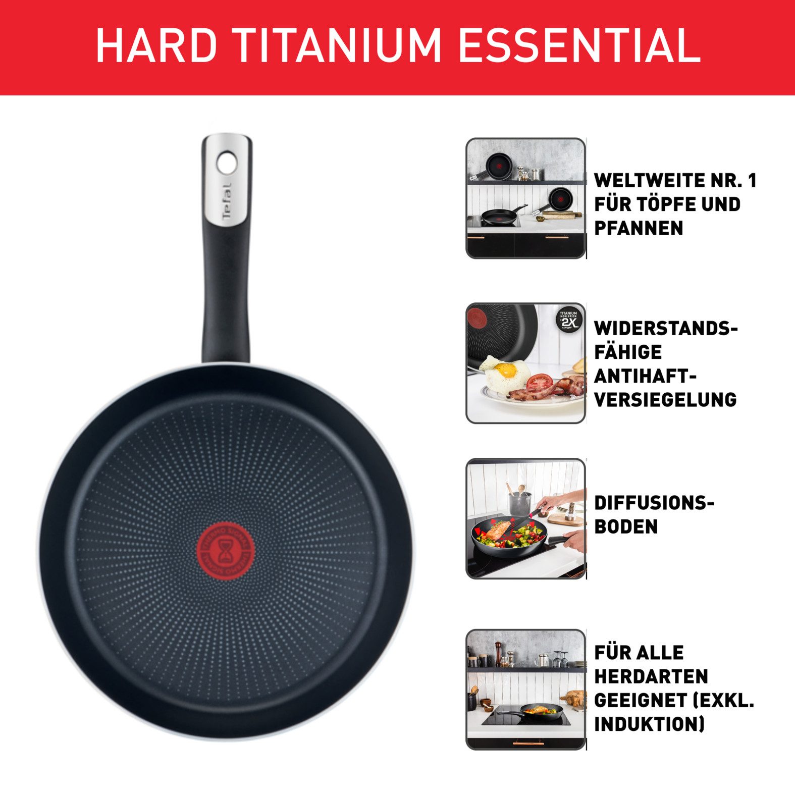 Tefal Koekenpan Hard Titanium Essential Titanium anti-aanbakcoating, thermo-signaal, gas+elektrisch+glaskeramiek (1-delig)
