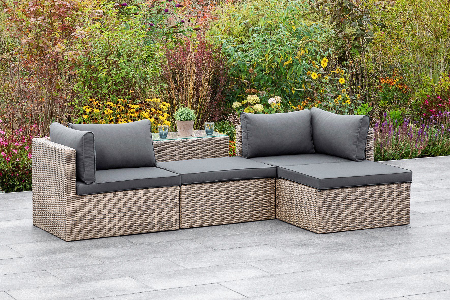 MERXX Tuin-eethoek Licosa 2 fauteuils, 2 hockers, tafel, met kussens, naturelgrijs (5-delig)