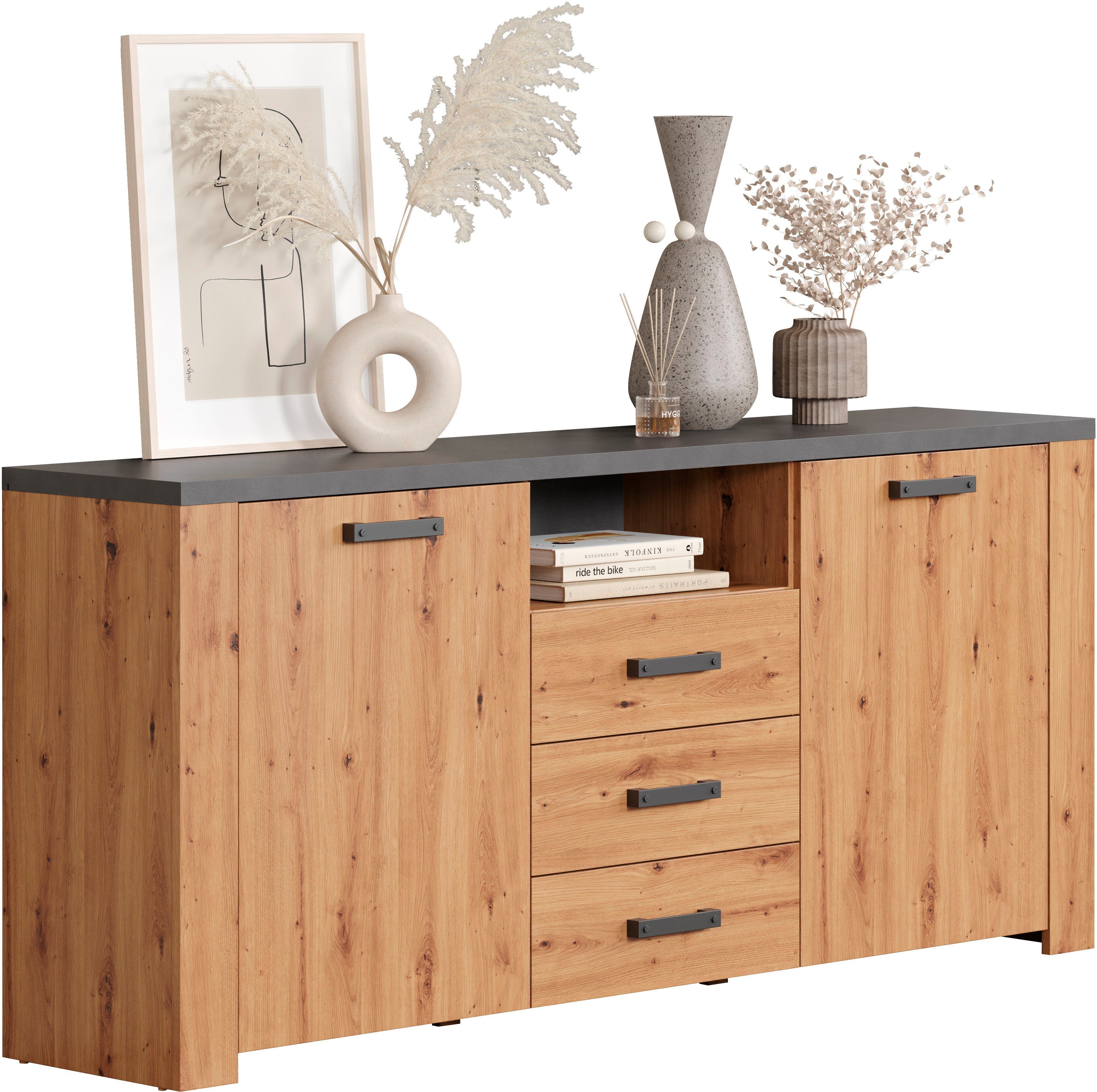 Home affaire Dressoir Ambres Commode in echt houtlook, Afmetingen BxH: 180x83 cm, Eik (1 stuk)