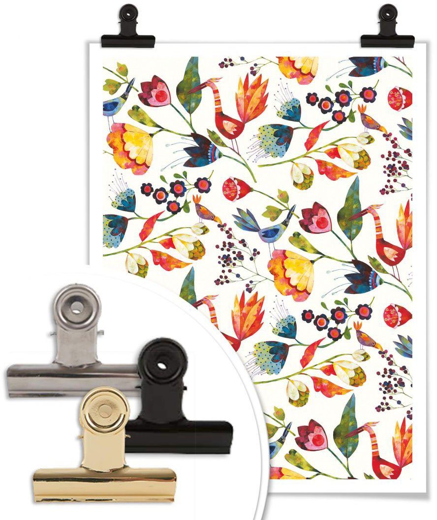 Wall-Art Poster Sprookje artprints bloemen en vogels (1 stuk)