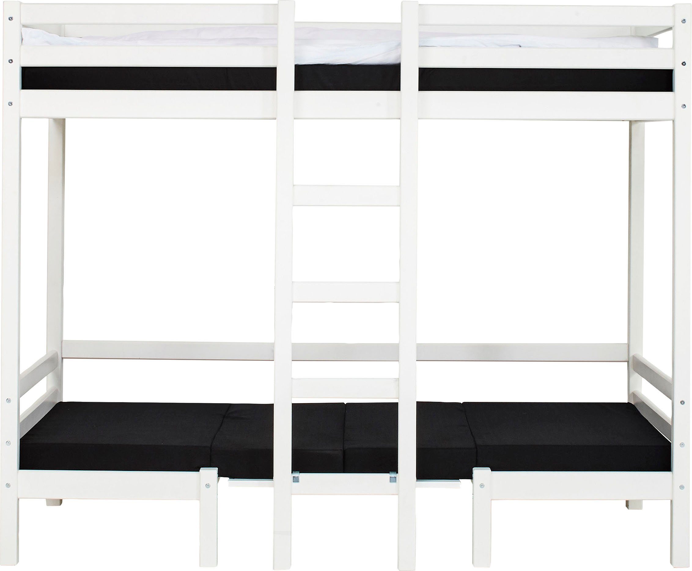 Hoppekids Hoogslaper ECO Dream JUMBO B/D/H 101/208/170 cm, ombouwbaar tot stapelbed met zitgroep, matrassen (boven en onder) in zwart, massief dennenhout/mdf