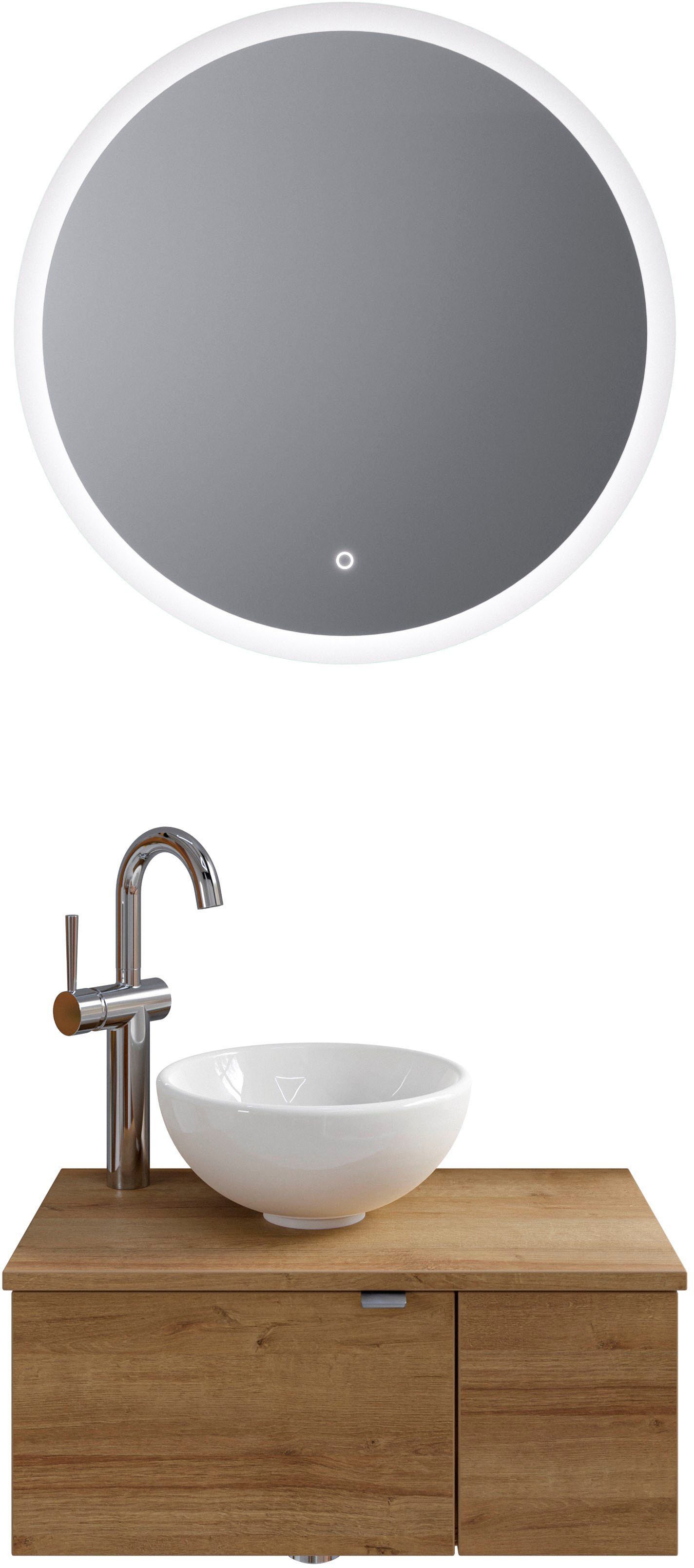 Saphir Badkamerserie Serie 6915 Gastenbadkamer, 70 cm breed, met led-spiegel, open vak en 2 deuren (4-delig) badmeubelsets bruin