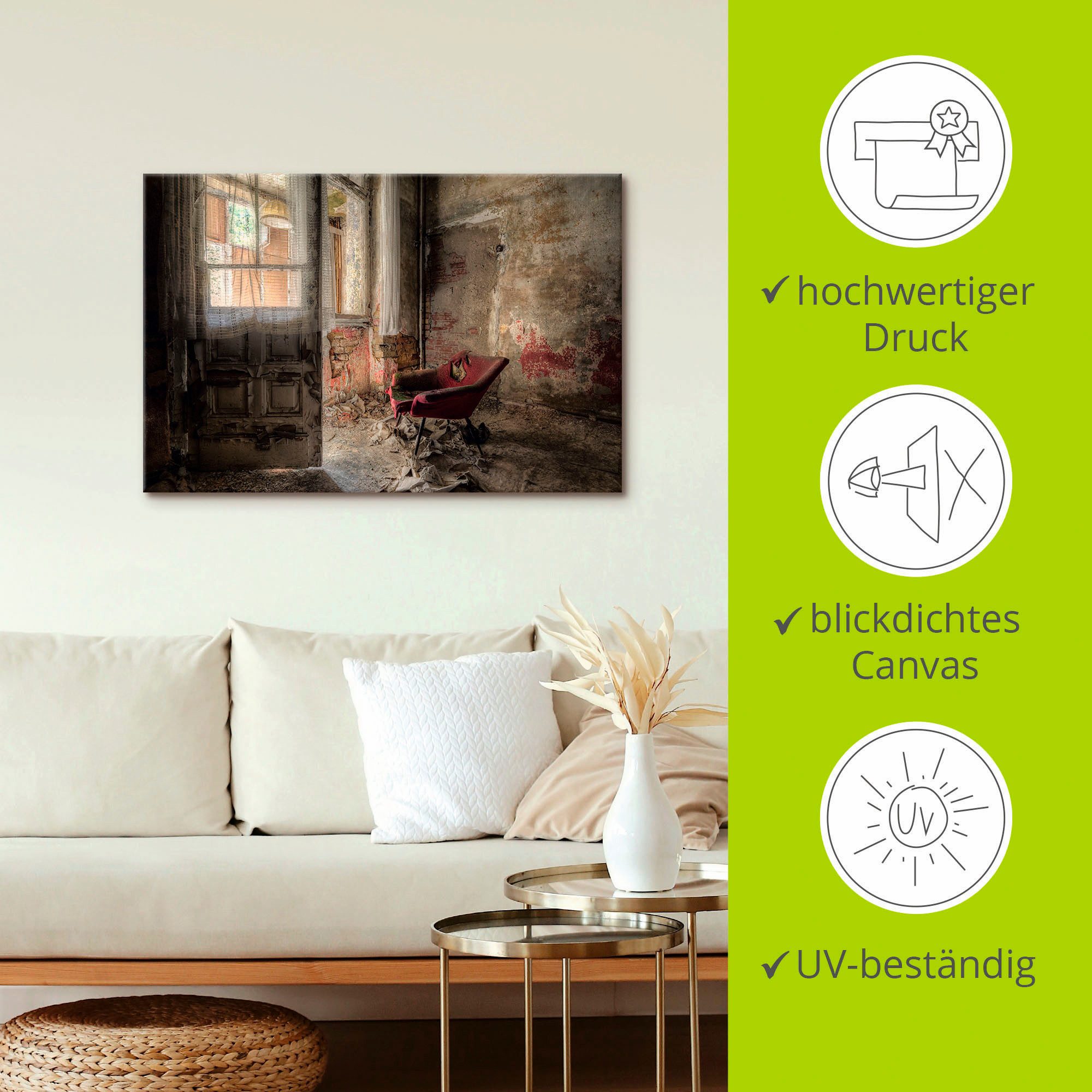 Artland Artprint Lost Place - rode fauteuil I als artprint van aluminium, artprint voor buiten, artprint op linnen, poster, muursticker