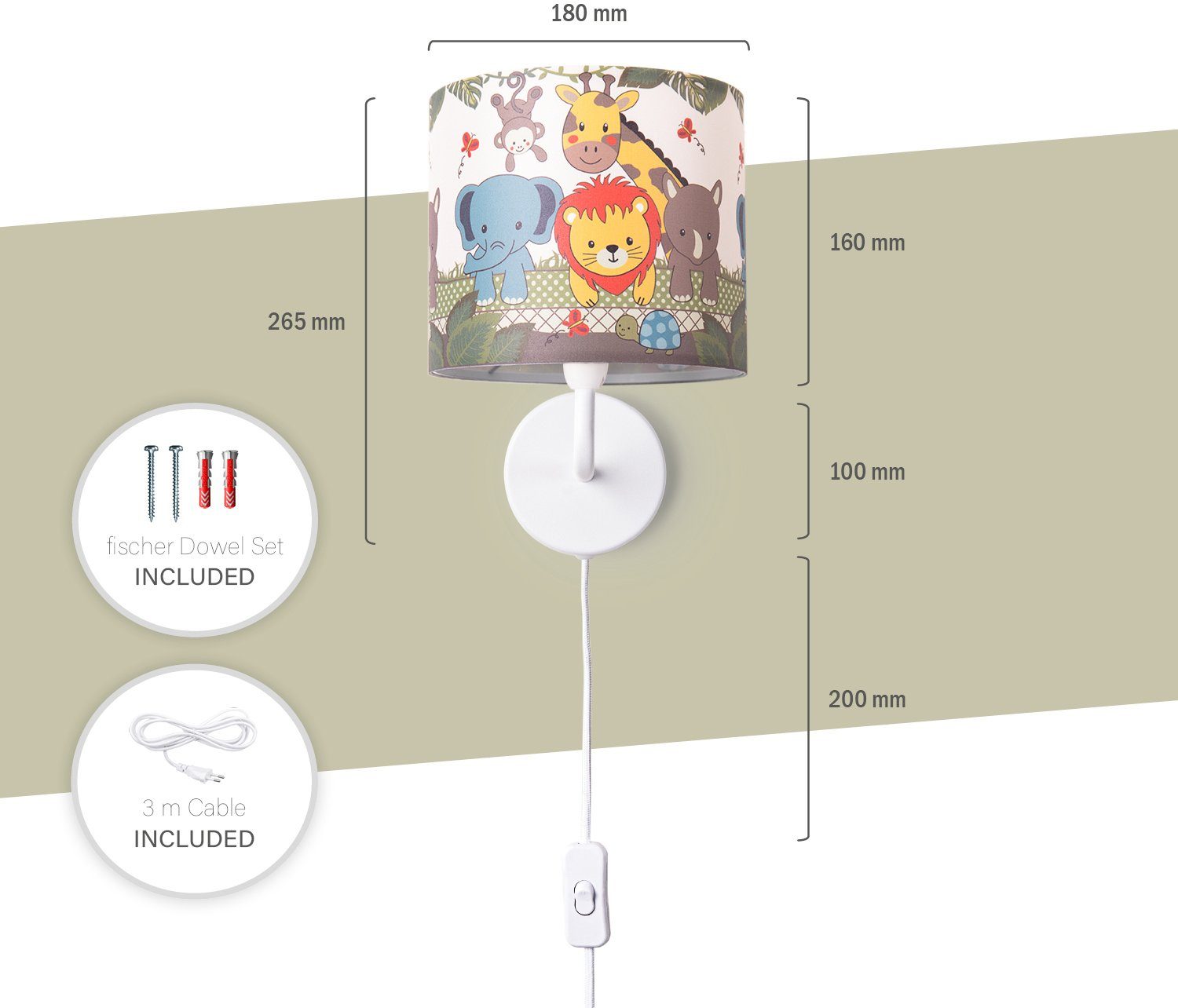 Paco Home Wandlamp Diamond 634 Kinderlamp binnen met âˆ…18cm zoo dieren kabellengte 3m E14