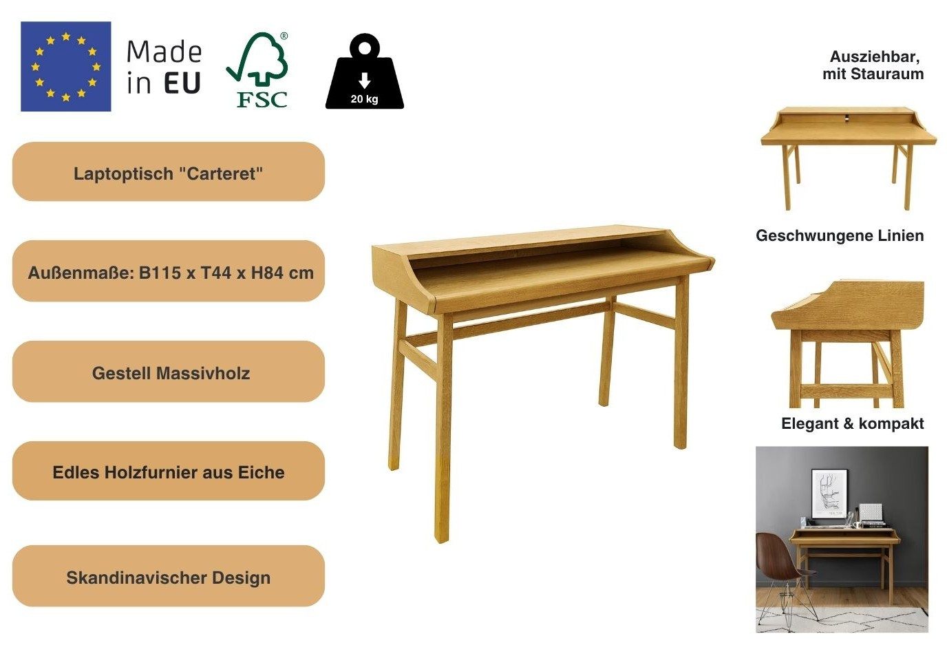 Woodman Bureau Carteret chique houtfineer van eiken, frame massief hout, breedte 115 cm