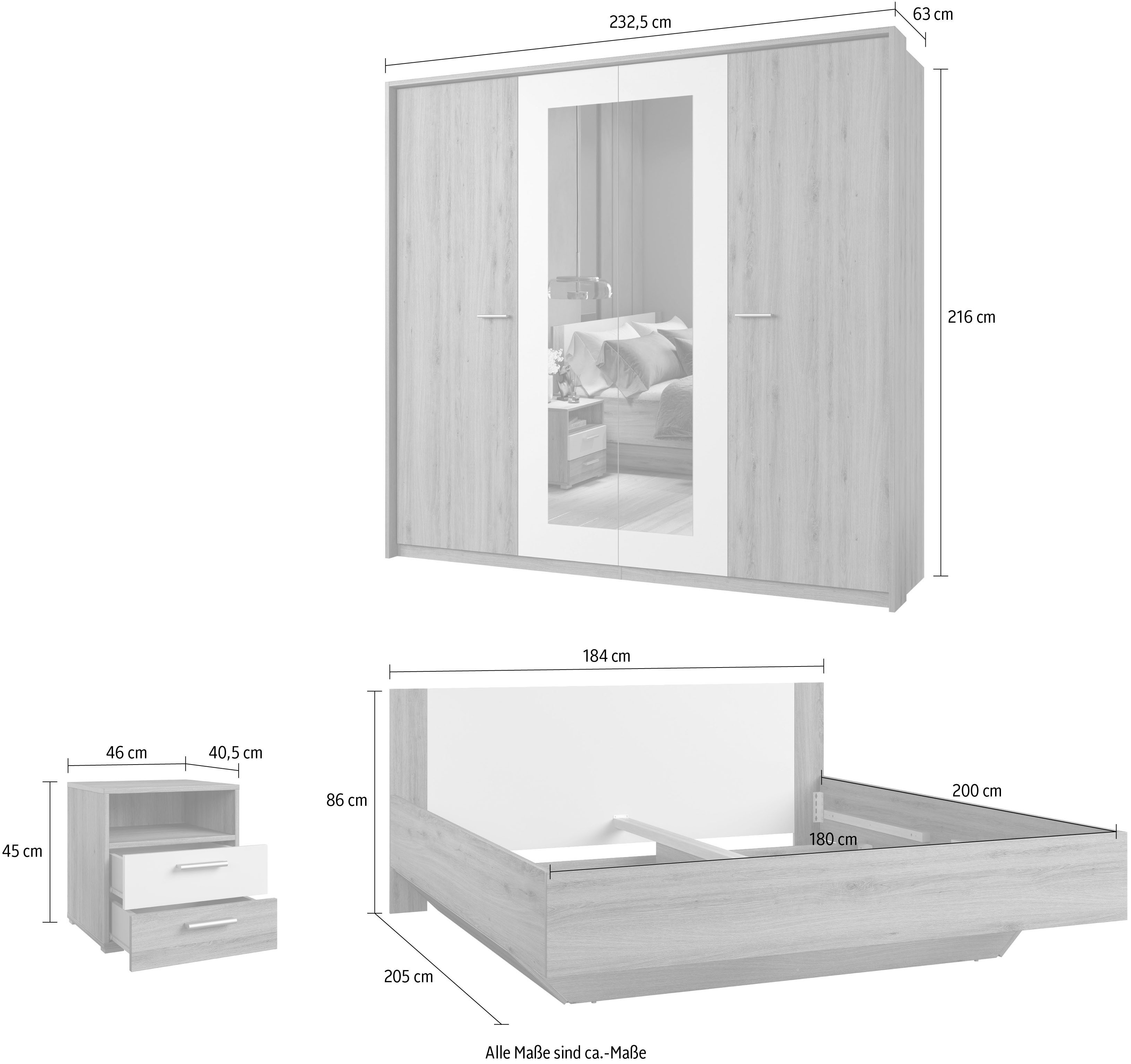 Home affaire Slaapkamerserie Bitry, Set 4-St (Bed 180 cm, 2xNako, draaideurkast) Compleet slaapkamer, veel opbergruimte, voelbare structuur, houtlook