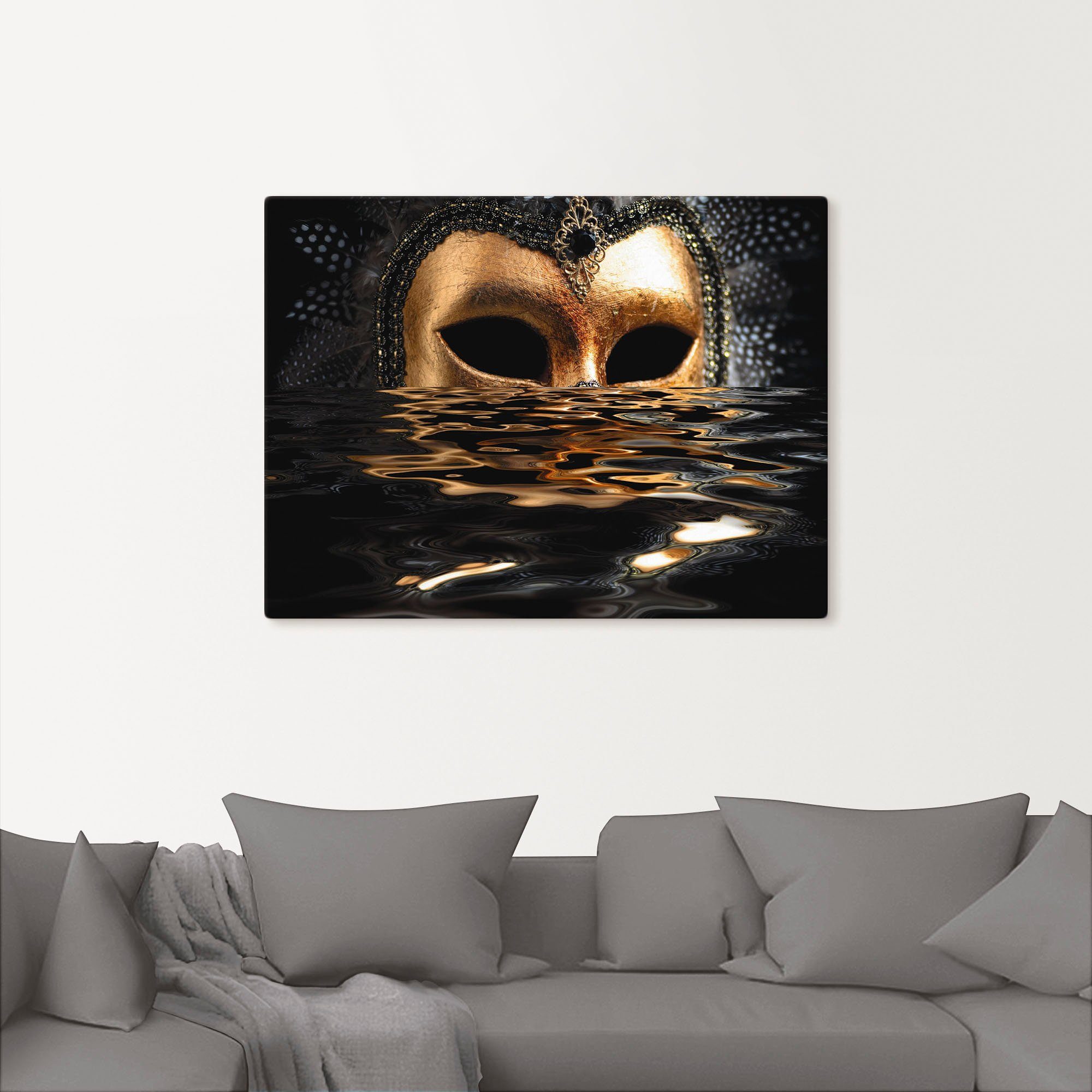 Artland Artprint Venetiaans masker met bladgoudkleur als artprint van aluminium, artprint voor buiten, artprint op linnen, poster, muursticker