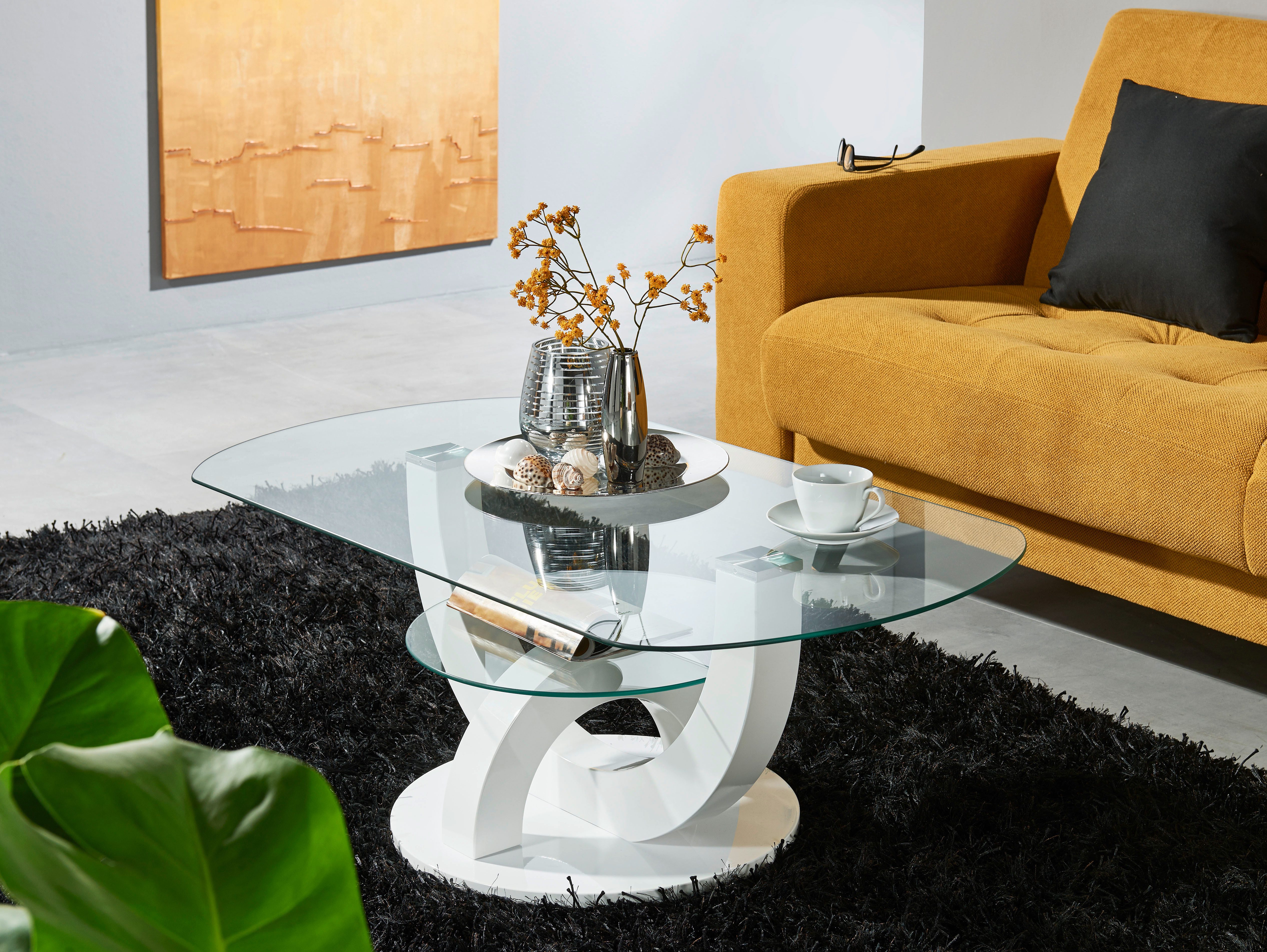 Stolkom Salontafel Boston, TOPSELLER! Glas tafel, tafel met U-vorm frame in wit hoogglans