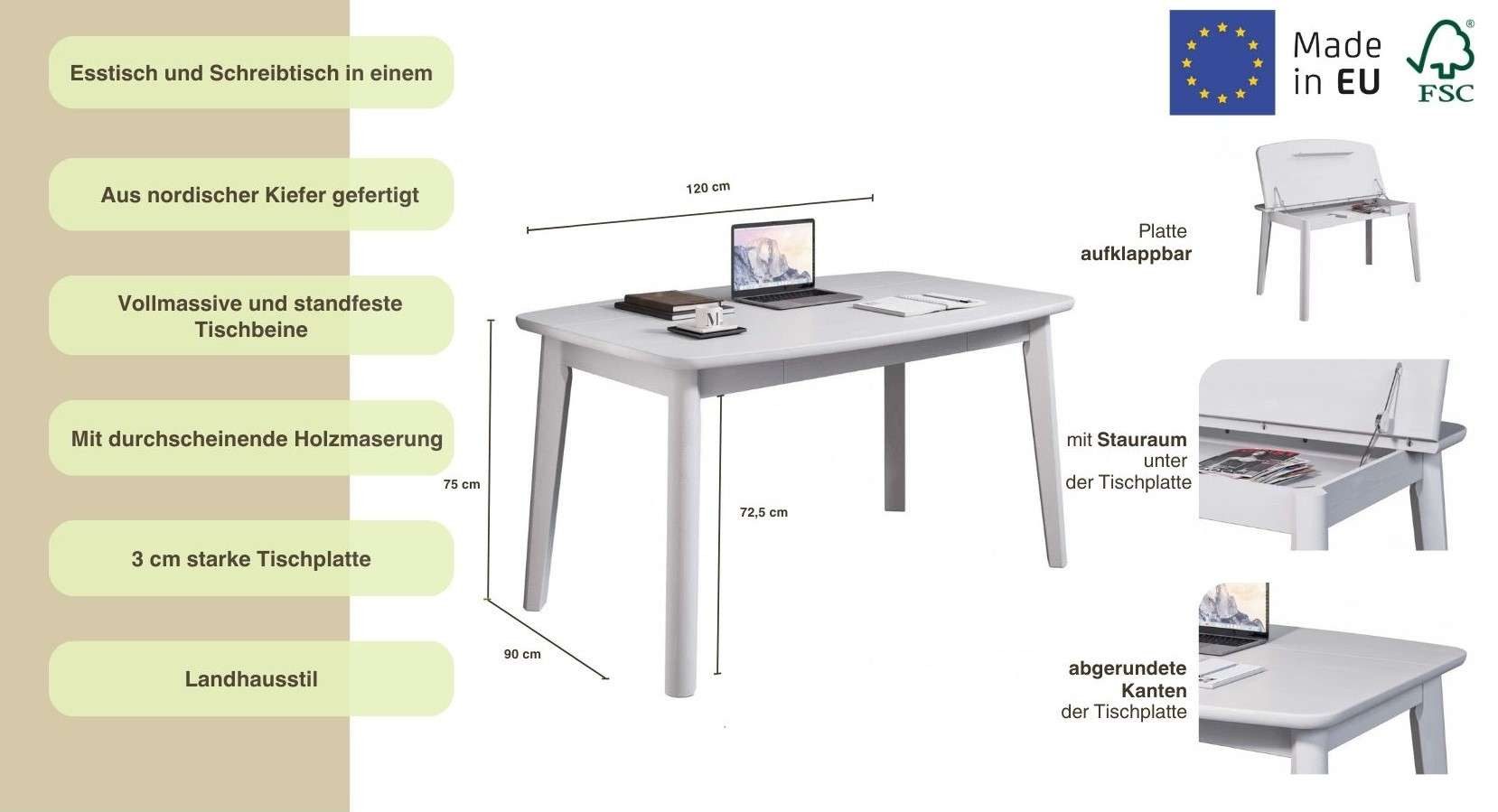Home affaire Eettafel Palermo, multifunctionele tafel, werktafel, bureau met opbergruimte, opklapbaar blad, home office bureau, massief hout