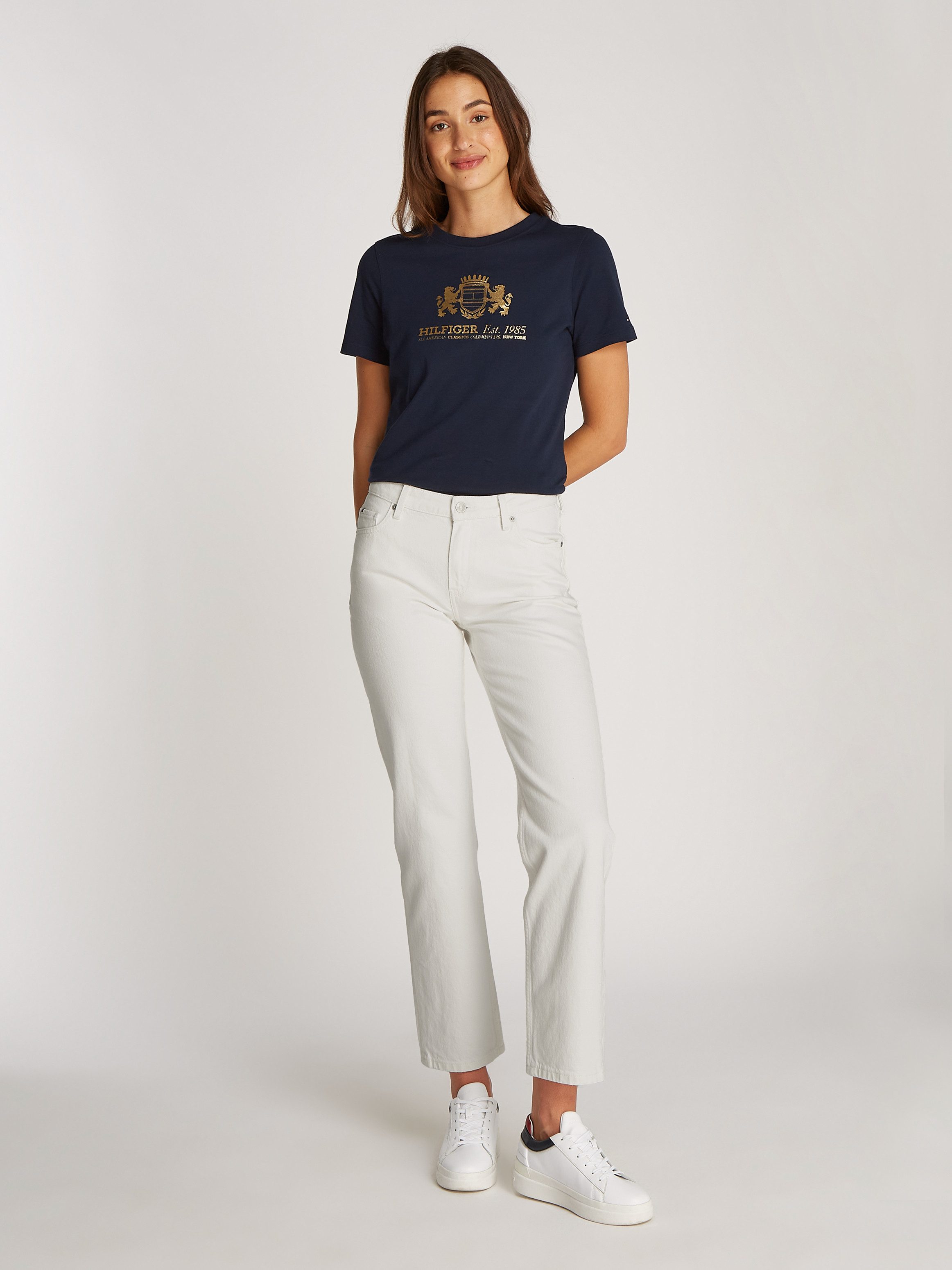 Tommy Hilfiger Straight jeans CLASSIC STRAIGHT RW ECRU met logo-badge, in enkel-lengte