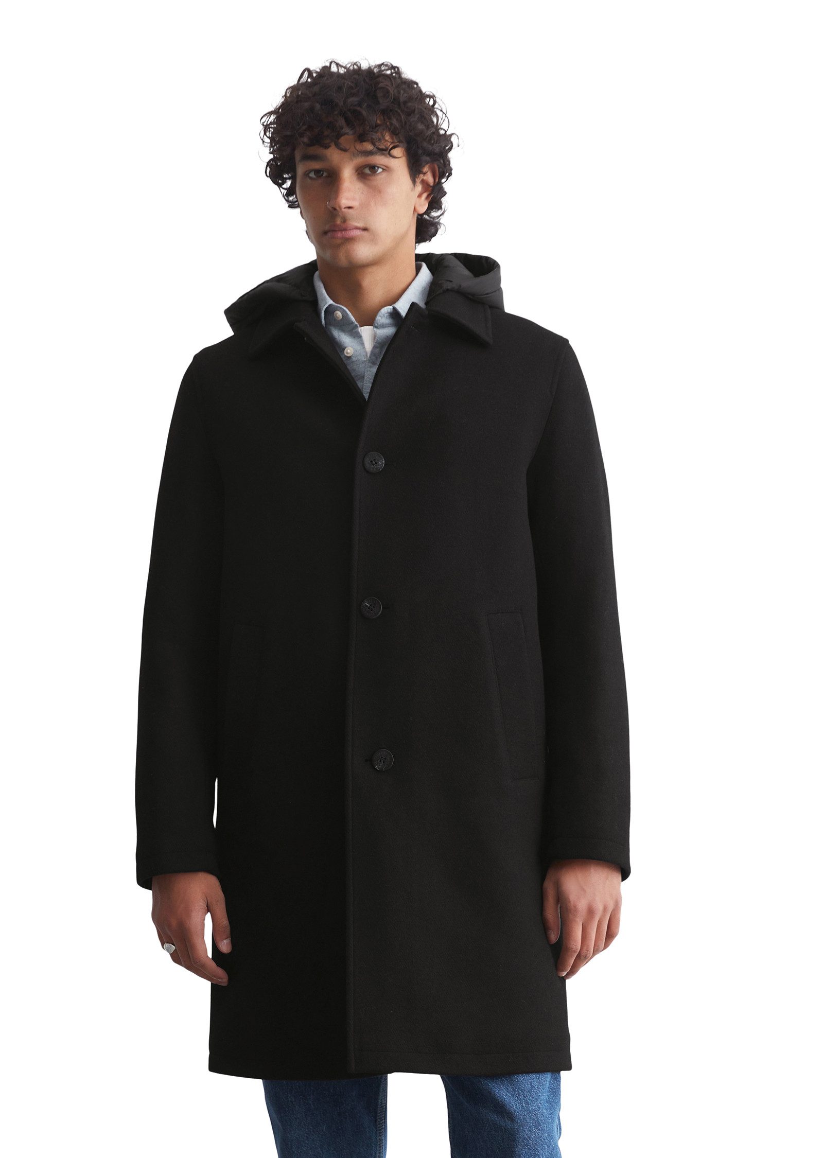 Marc O'Polo DENIM Lange jas Gewatteerde, afneembare nylon capuchon heren mantels maat XL zwart