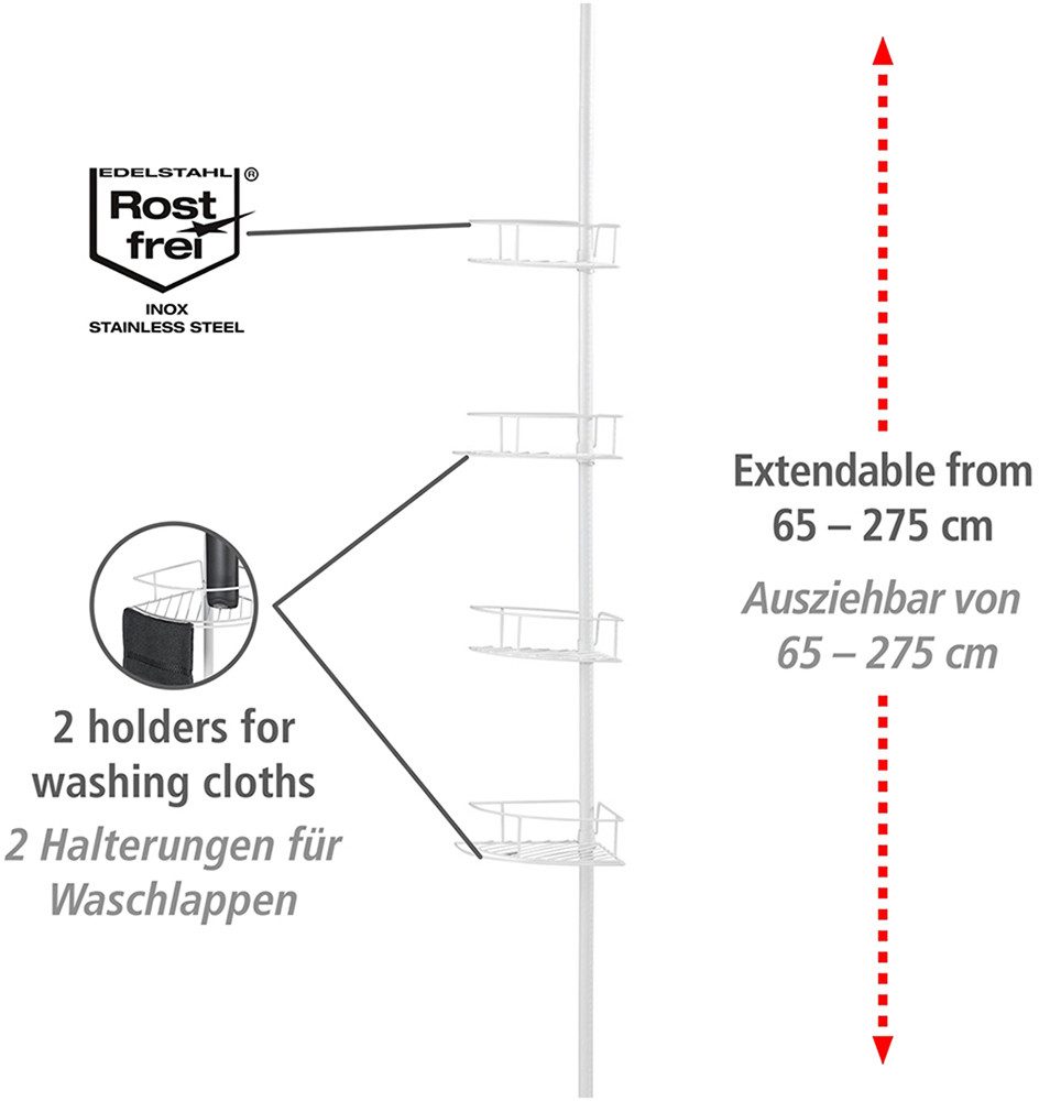 WENKO Telescooprek Modell Dolcedo met 4 planken voor douche en bad zonder boren, roestvrijstaal