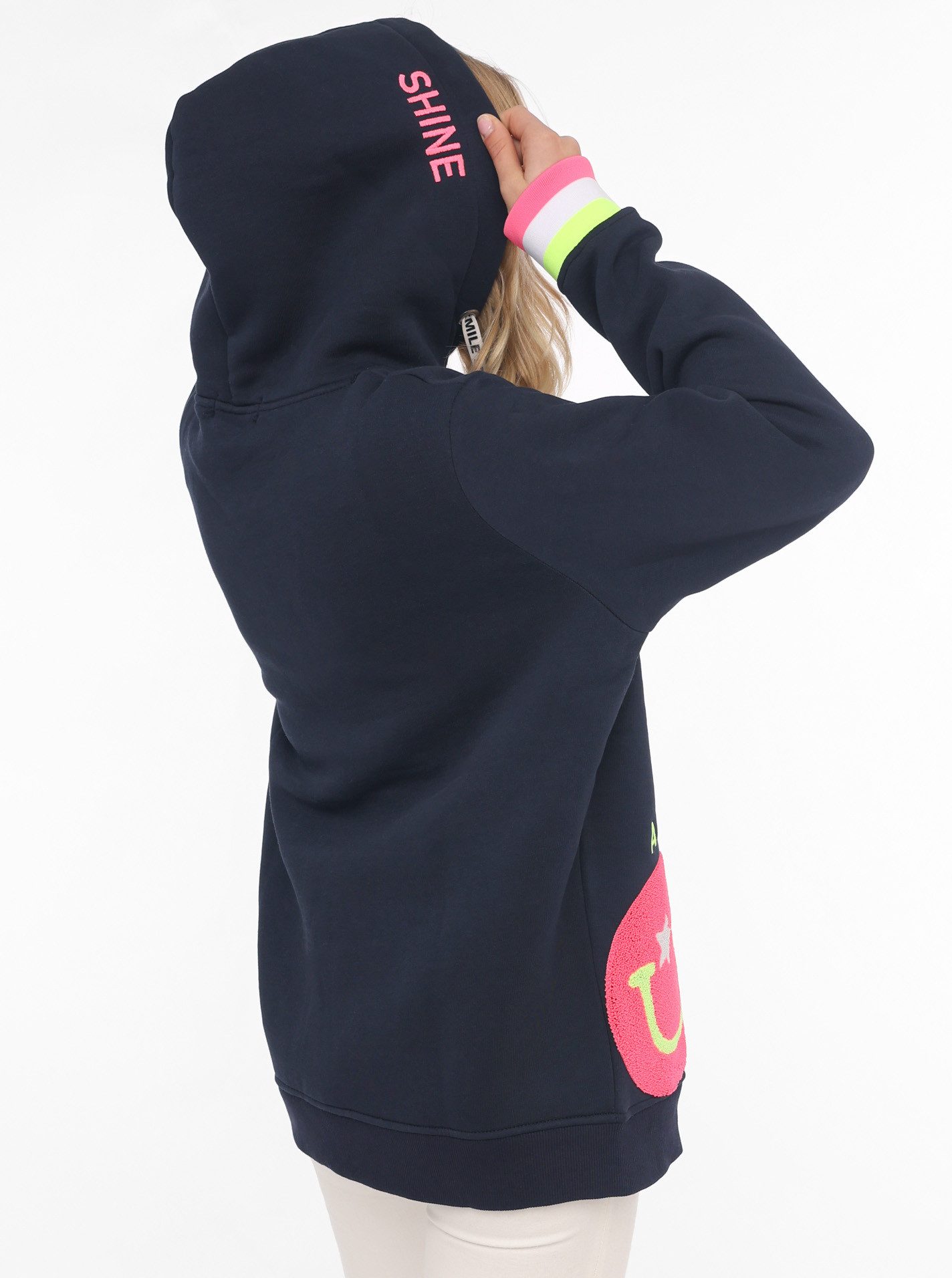Zwillingsherz Hoodie Always Happy met smiley-print van frotté en neon details