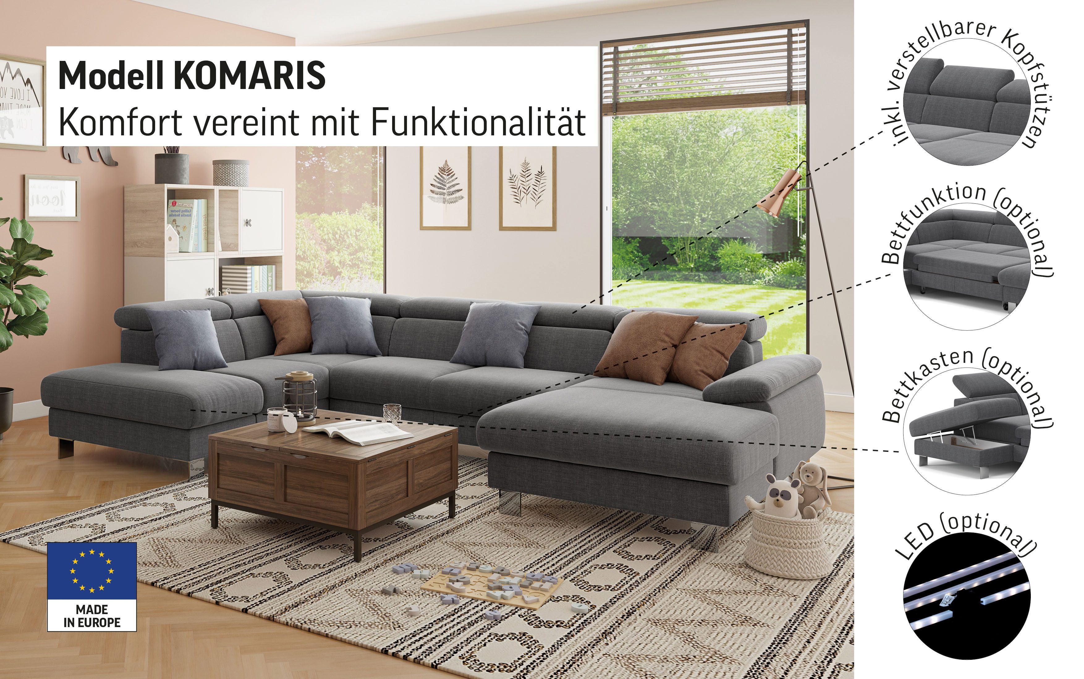 COTTA Zithoek Komaris U-vorm met hoofdeindeverstelling keuze met bedfunctie, bedlade & verlichting