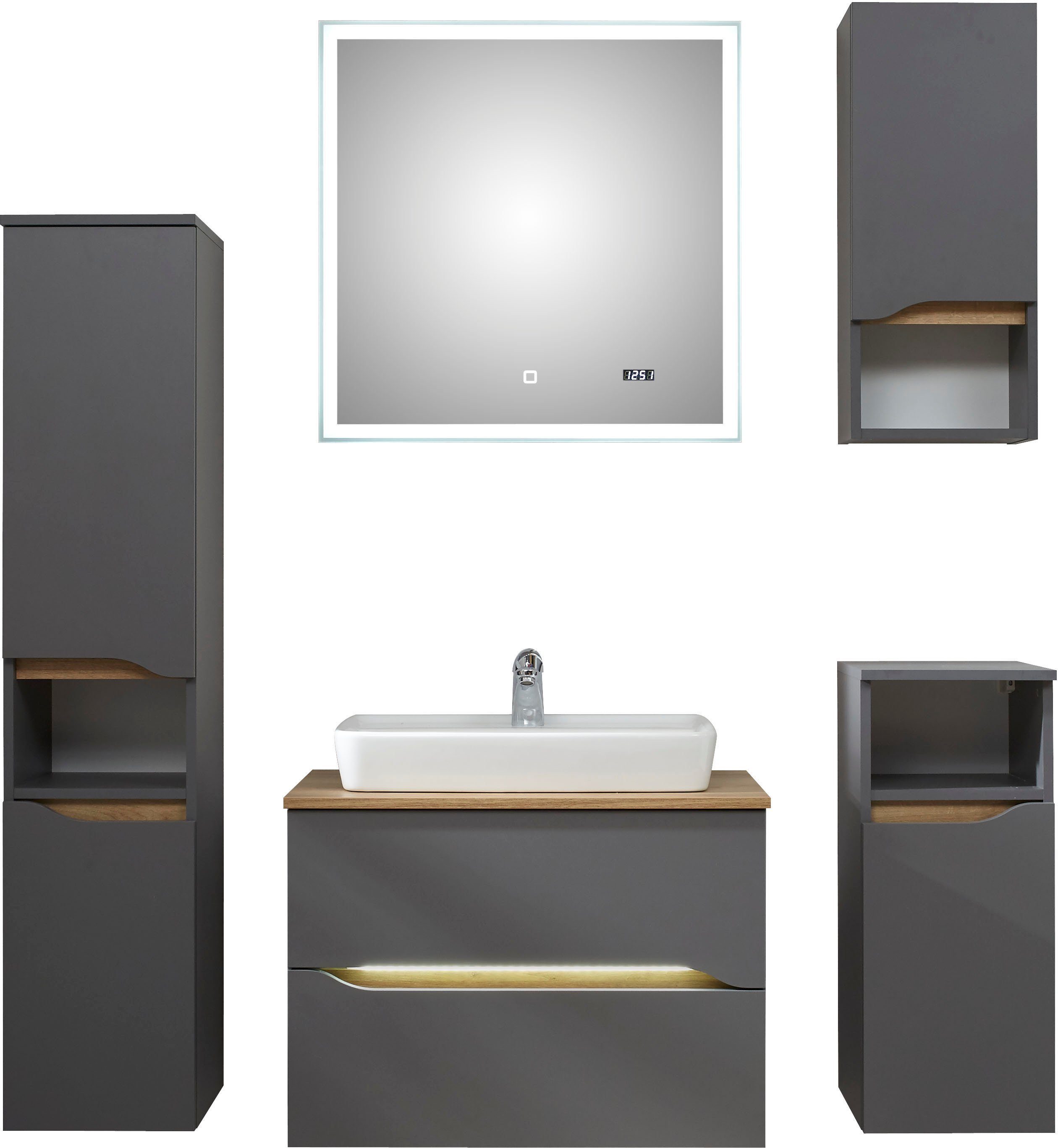 Saphir Badkamerserie Quickset 2-delig, keramieken opzetwasbak met led-spiegel Wastafelmeubel 73 cm breed, inclusief deurdemper, 2 laden (5-delig)