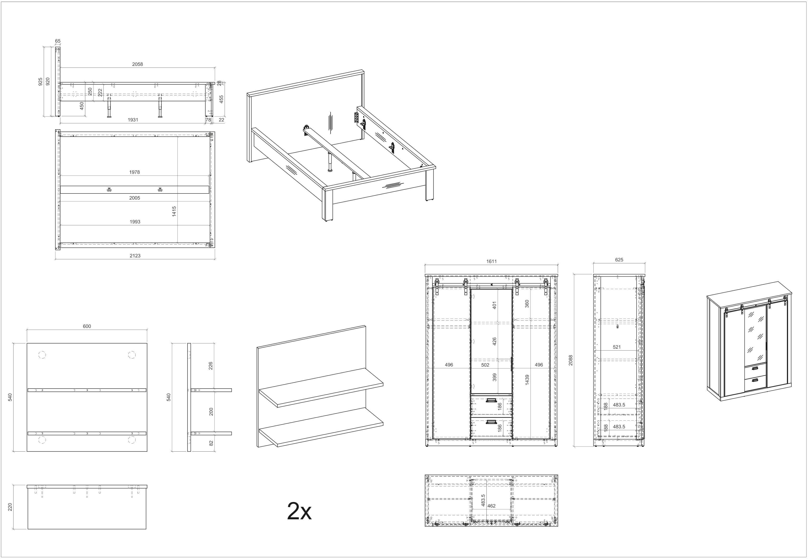 Home affaire Slaapkamerserie Sherwood Ligoppervlak 140 x 200 cm, kast 3-deurs 161 cm breed (4-delig)