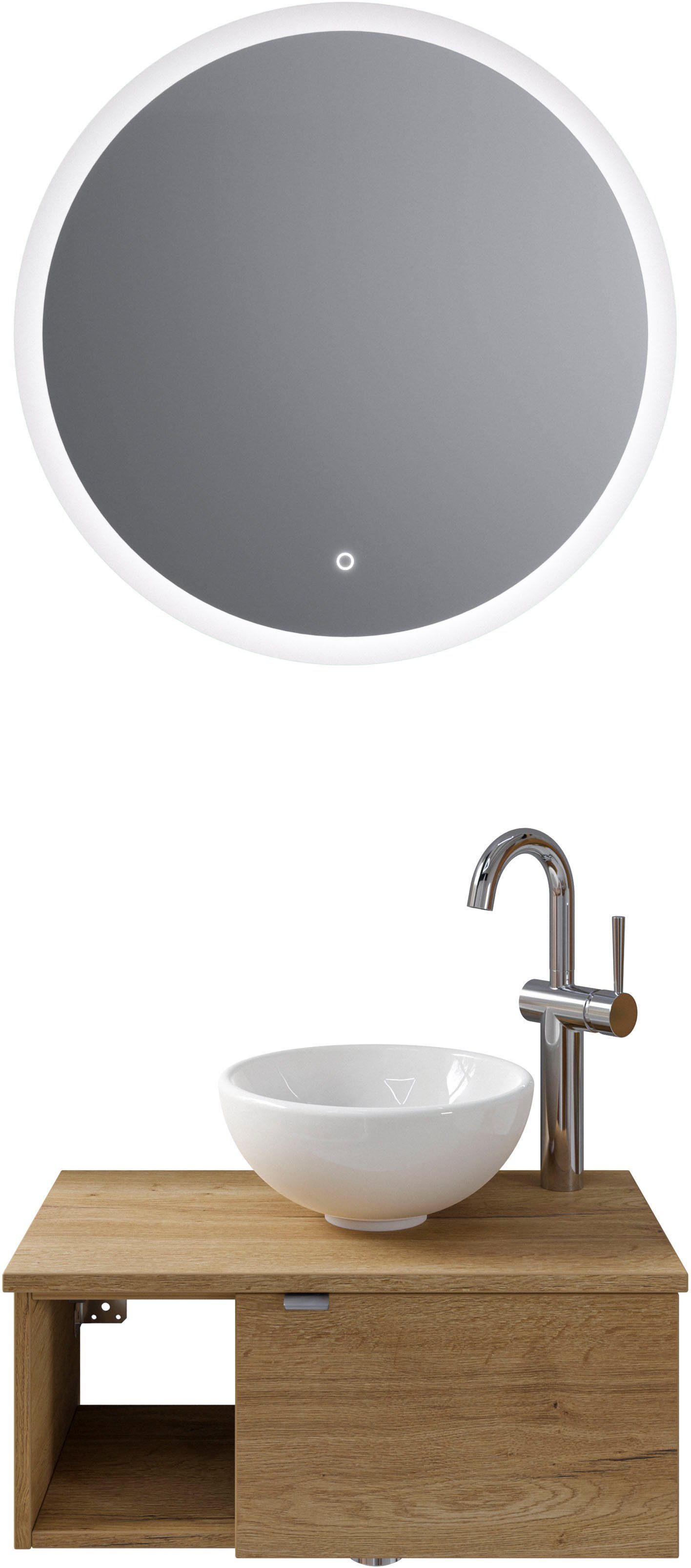 Saphir Badkamerserie Serie 6915 Gastenbadkamer, 70 cm breed, met led-spiegel, open vak en 1 deur (4-delig) badmeubelsets bruin