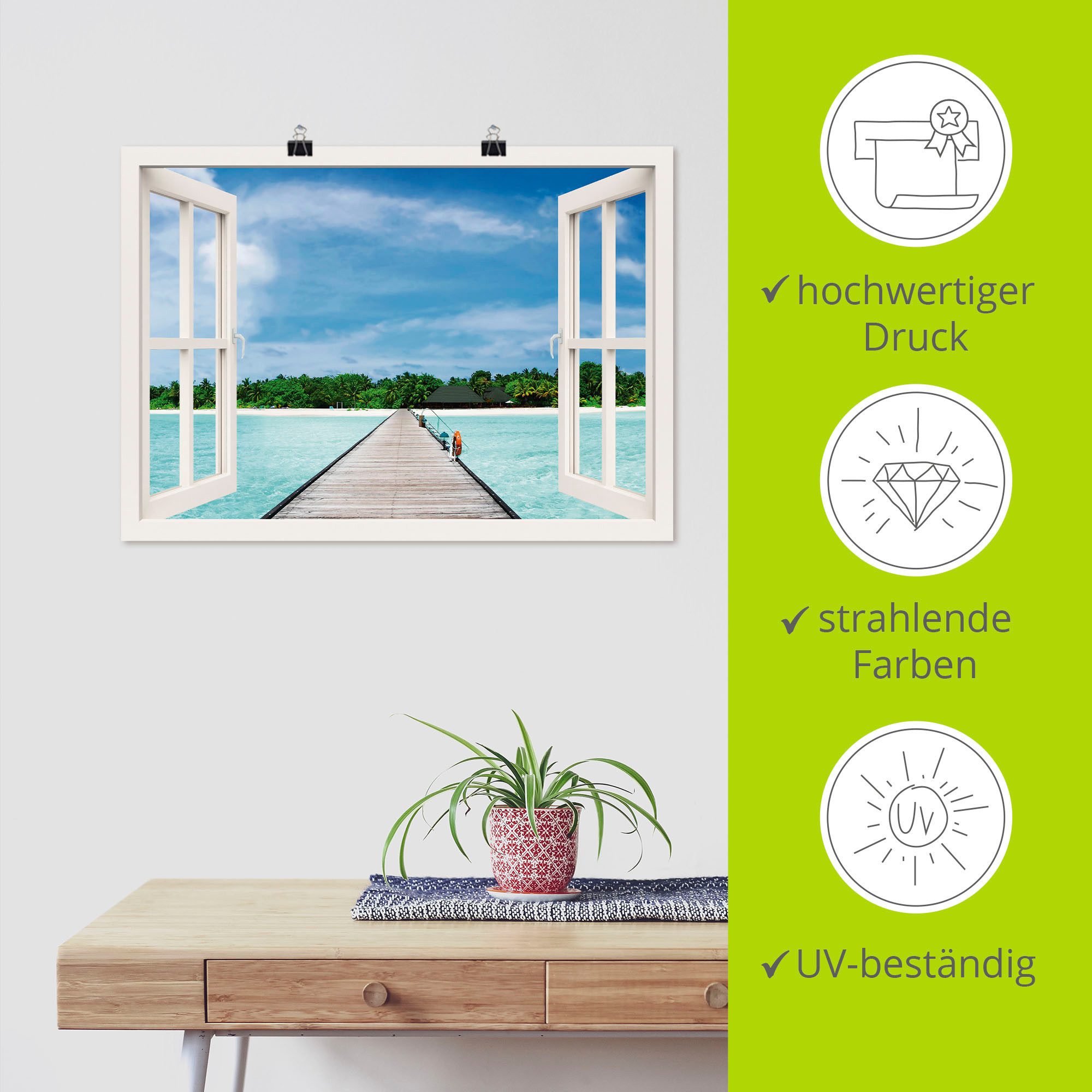 Artland Artprint Blik uit het venster Maldivisch paradijs als artprint op linnen, poster, muursticker in verschillende maten