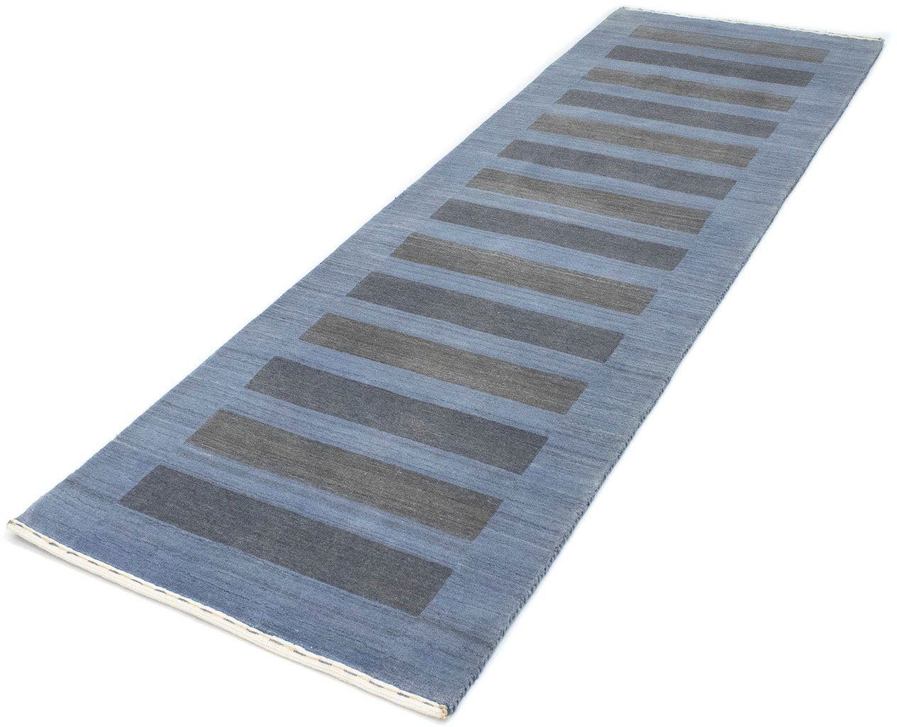 morgenland Wollen kleed Loribaft vloerkleed Stripy wollen vloerkleden maat 80 cm x 250 cm x 14 mm blauw