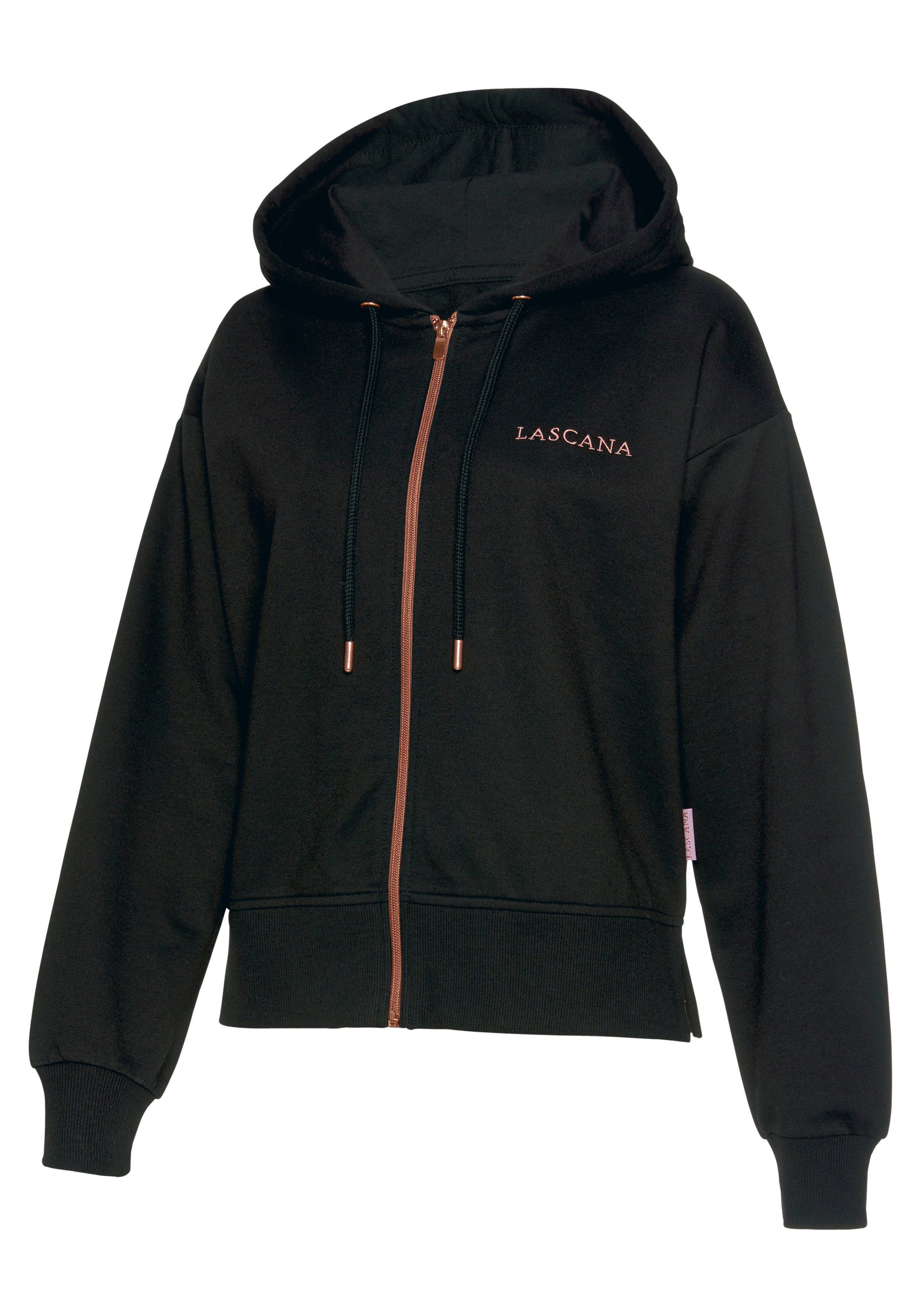 Lascana Capuchonsweatvest Homewear met koperkleurige rits en logo-borduursel, loungewear